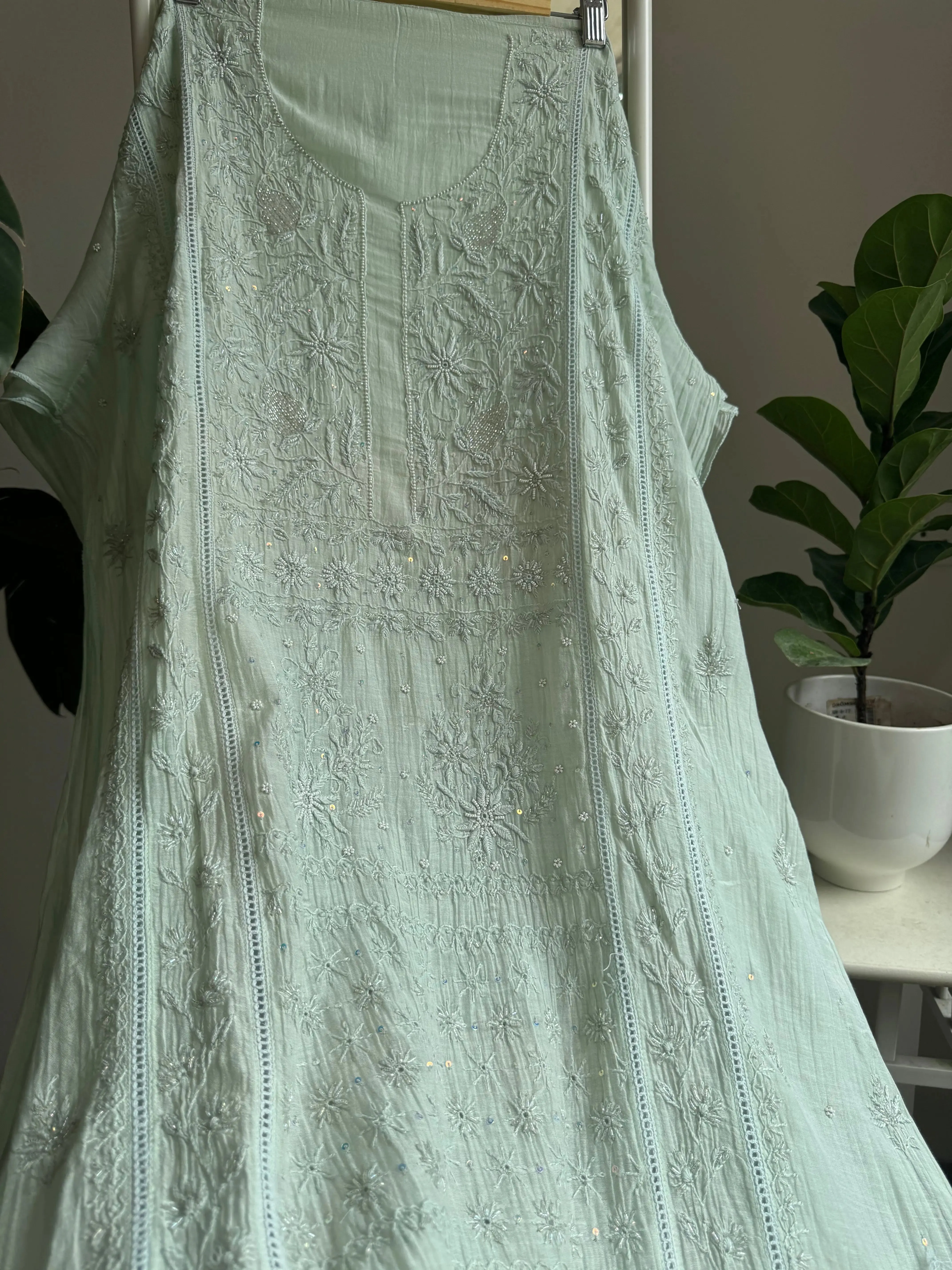 Mul Chanderi Straight Chikankari Tunic - Sage Green