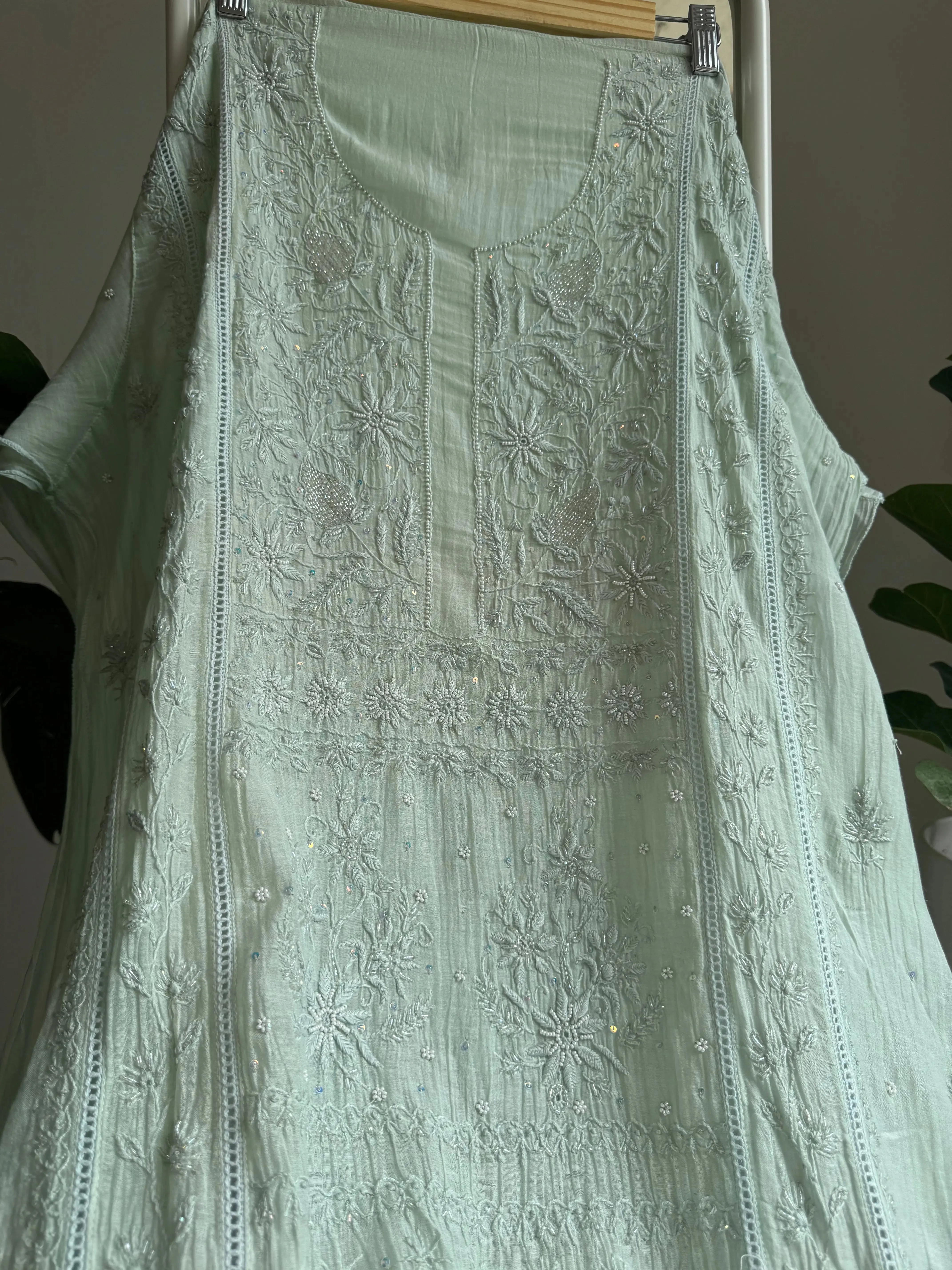 Mul Chanderi Straight Chikankari Tunic - Sage Green