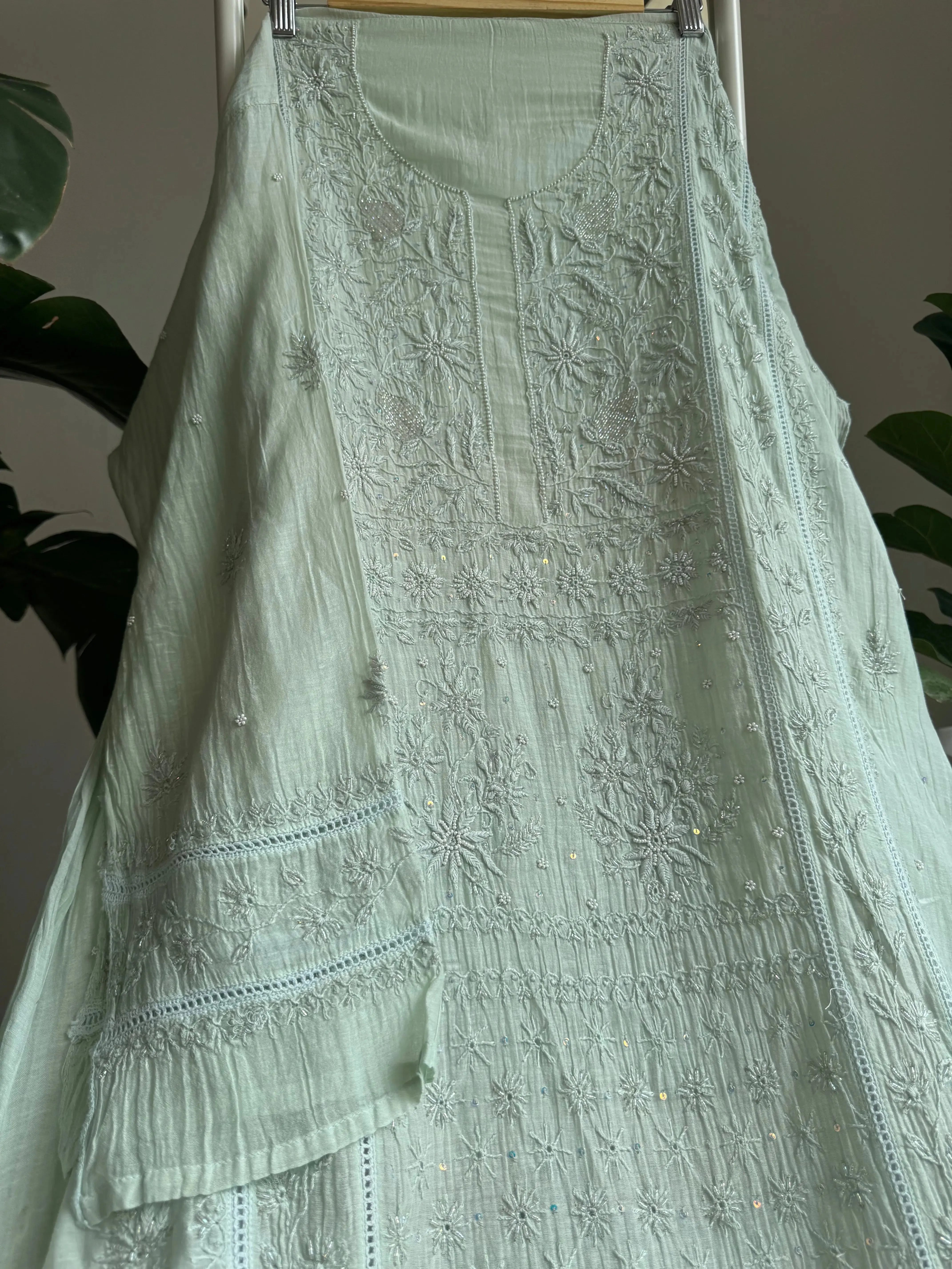 Mul Chanderi Straight Chikankari Tunic - Sage Green