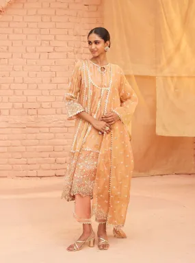 Mulmul Banarsi Bridget Peach Anarkali Kurta With Mulmul Cotton Bridget Peach Pant