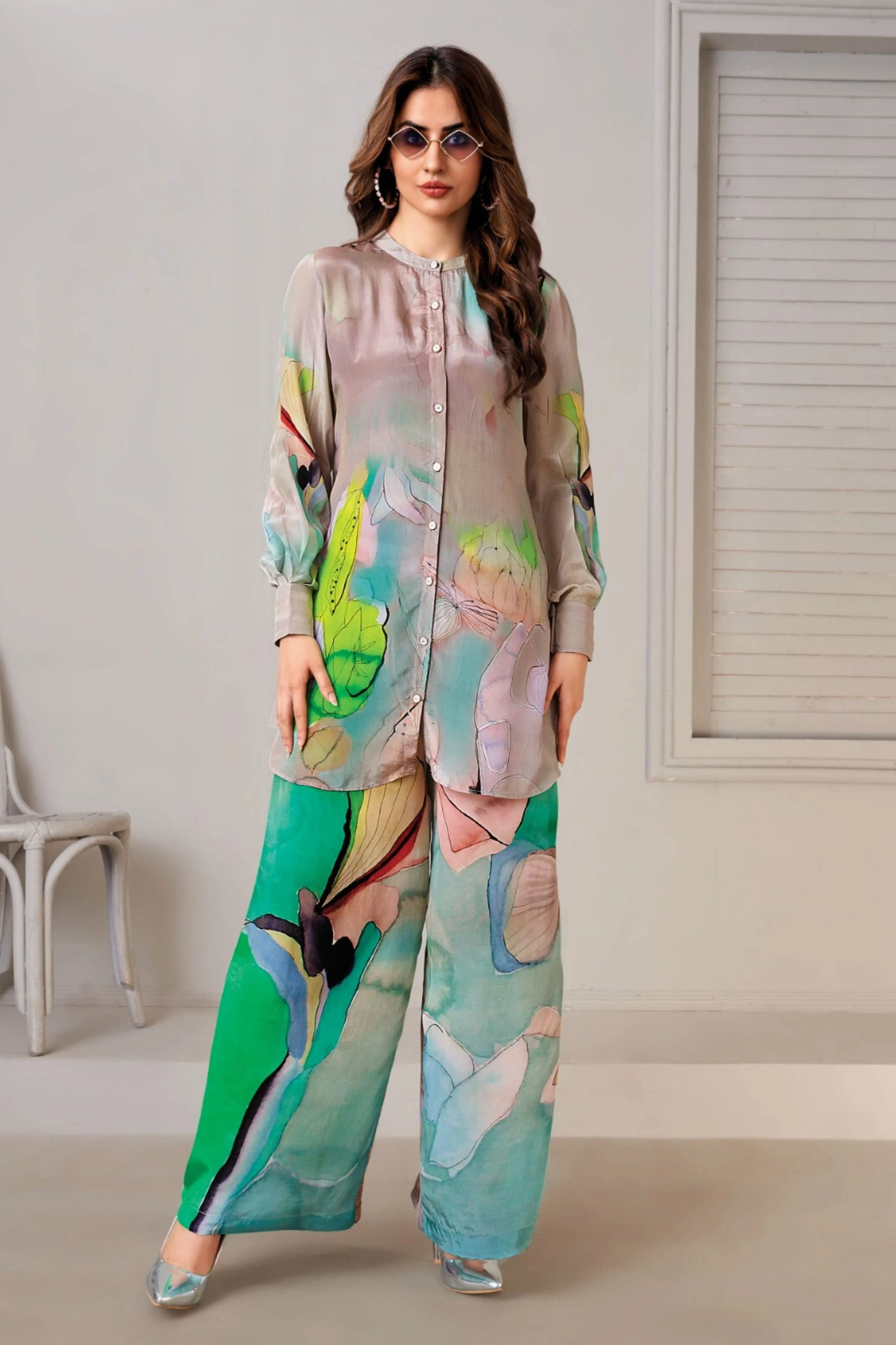 Multicolor Digital Printed Crepe Silk Co-Ord Set