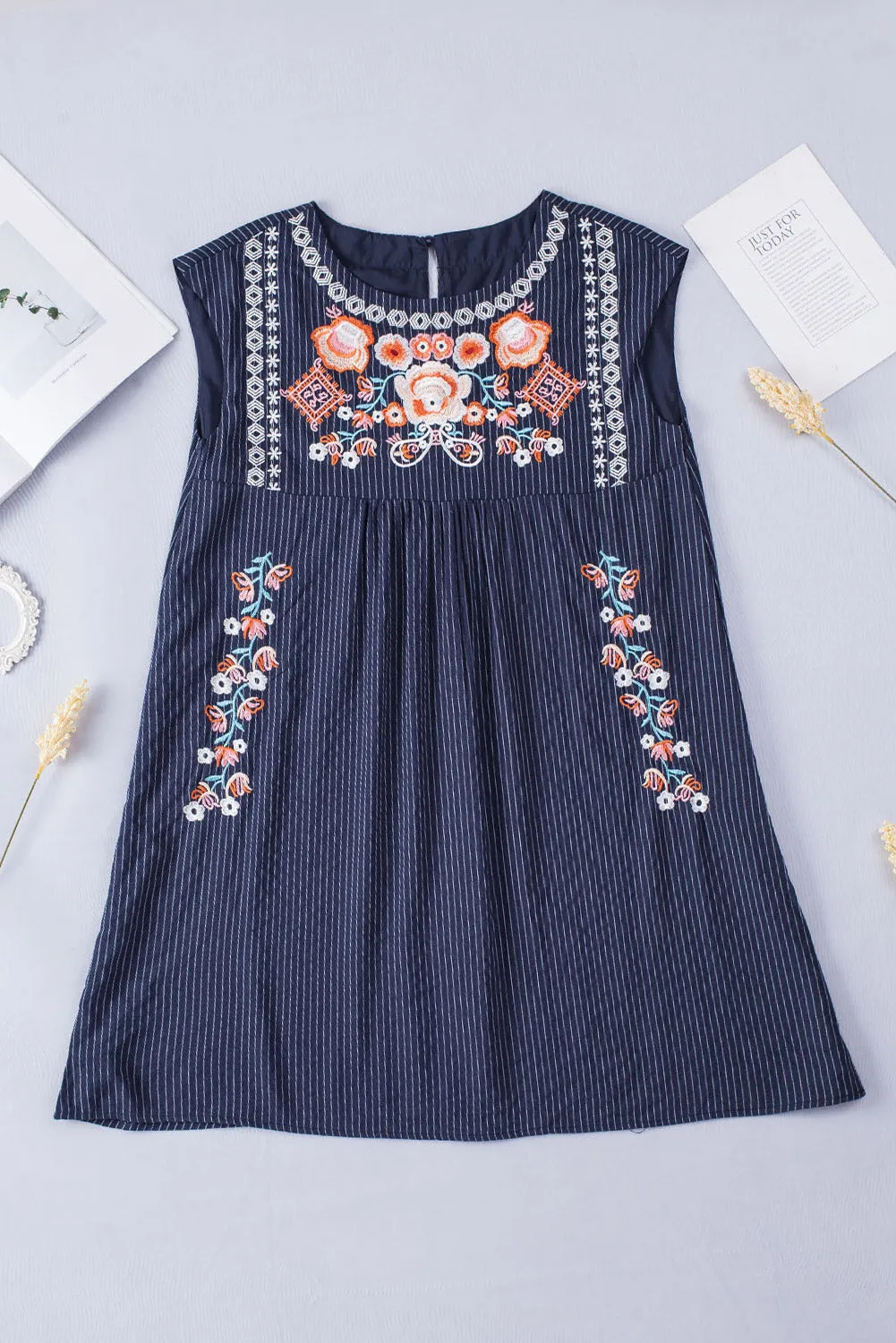 Navy Blue Boho Striped Cap Sleeve Embroidered Short Dress