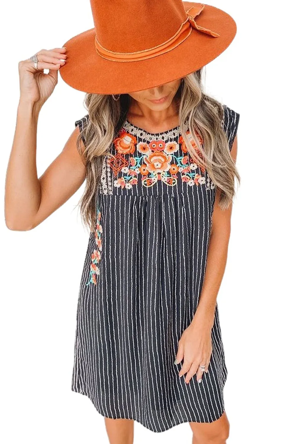 Navy Blue Boho Striped Cap Sleeve Embroidered Short Dress