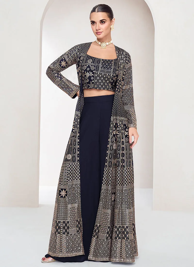 Navy Blue Embroidered Jacket Style Palazzo Suit