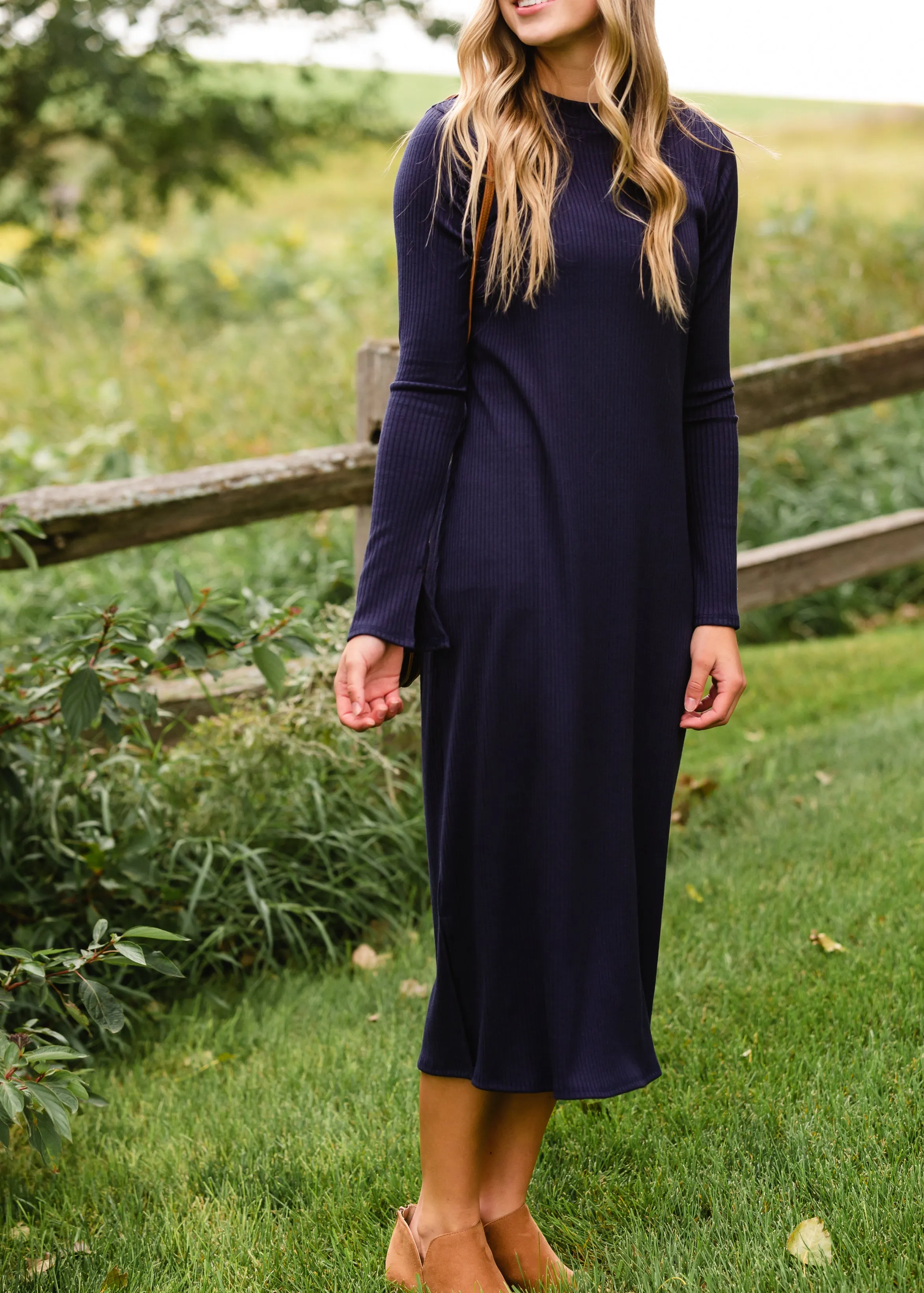 Navy Long Sleeve Ribbed Knit Midi Dress