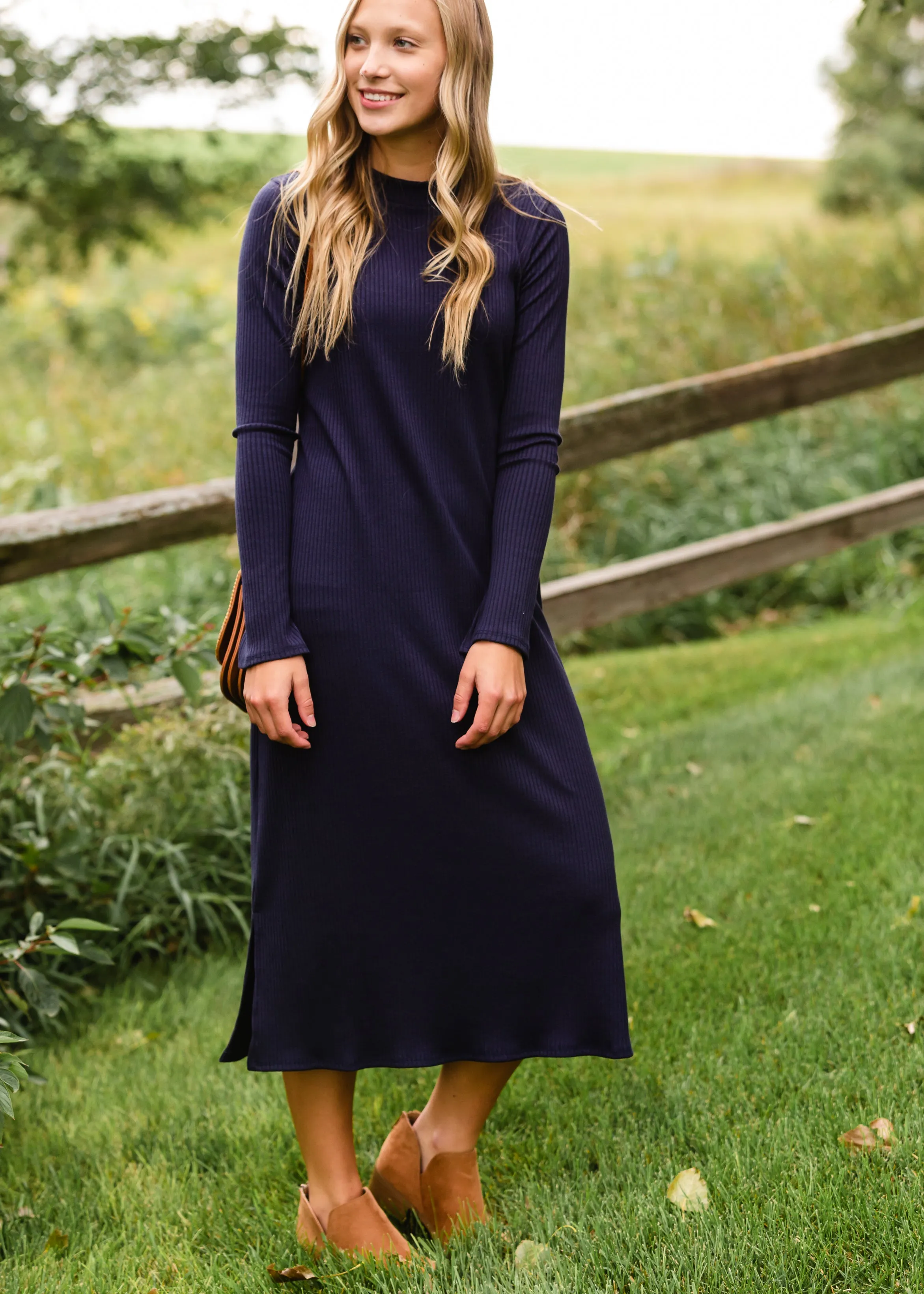 Navy Long Sleeve Ribbed Knit Midi Dress