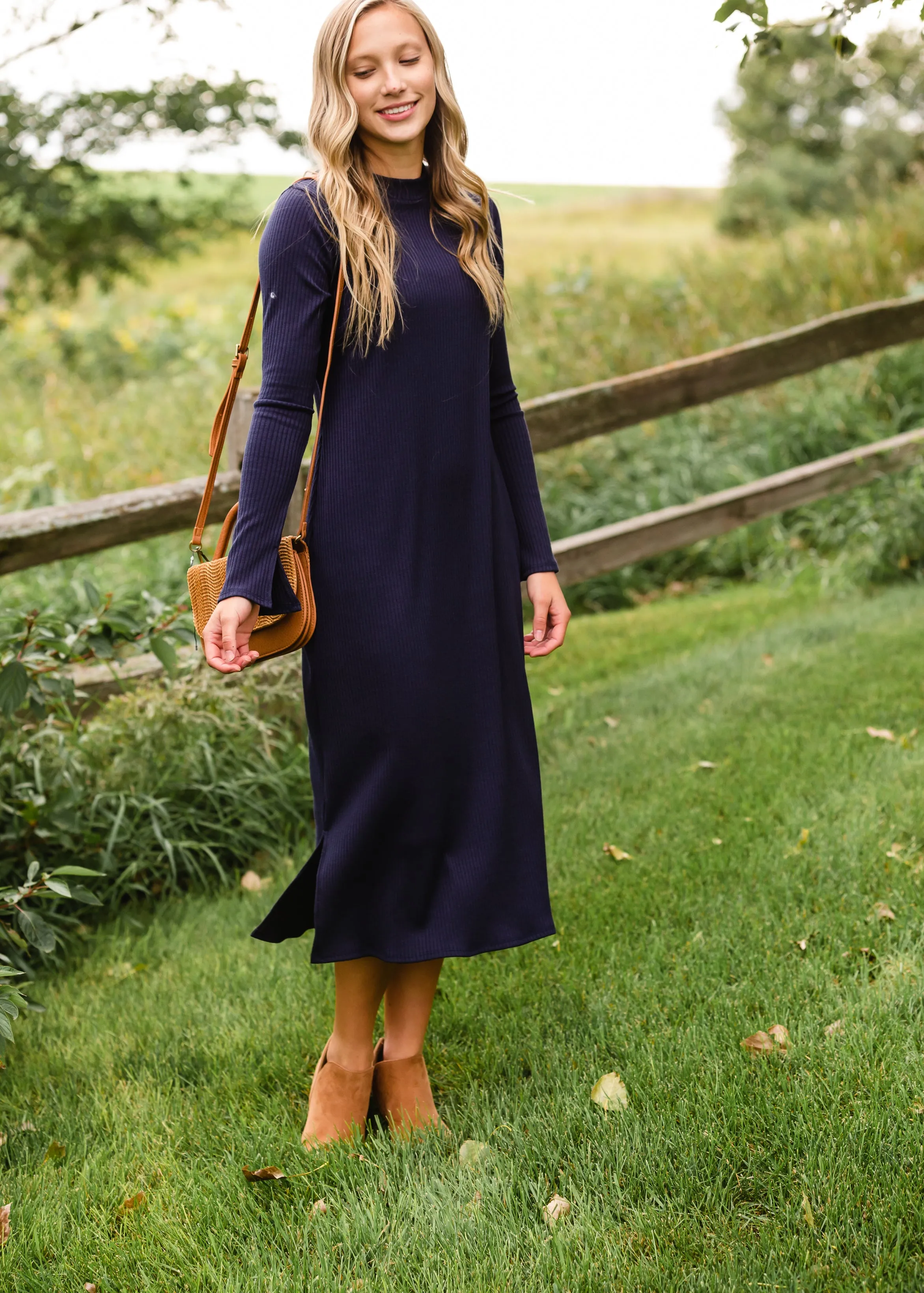 Navy Long Sleeve Ribbed Knit Midi Dress