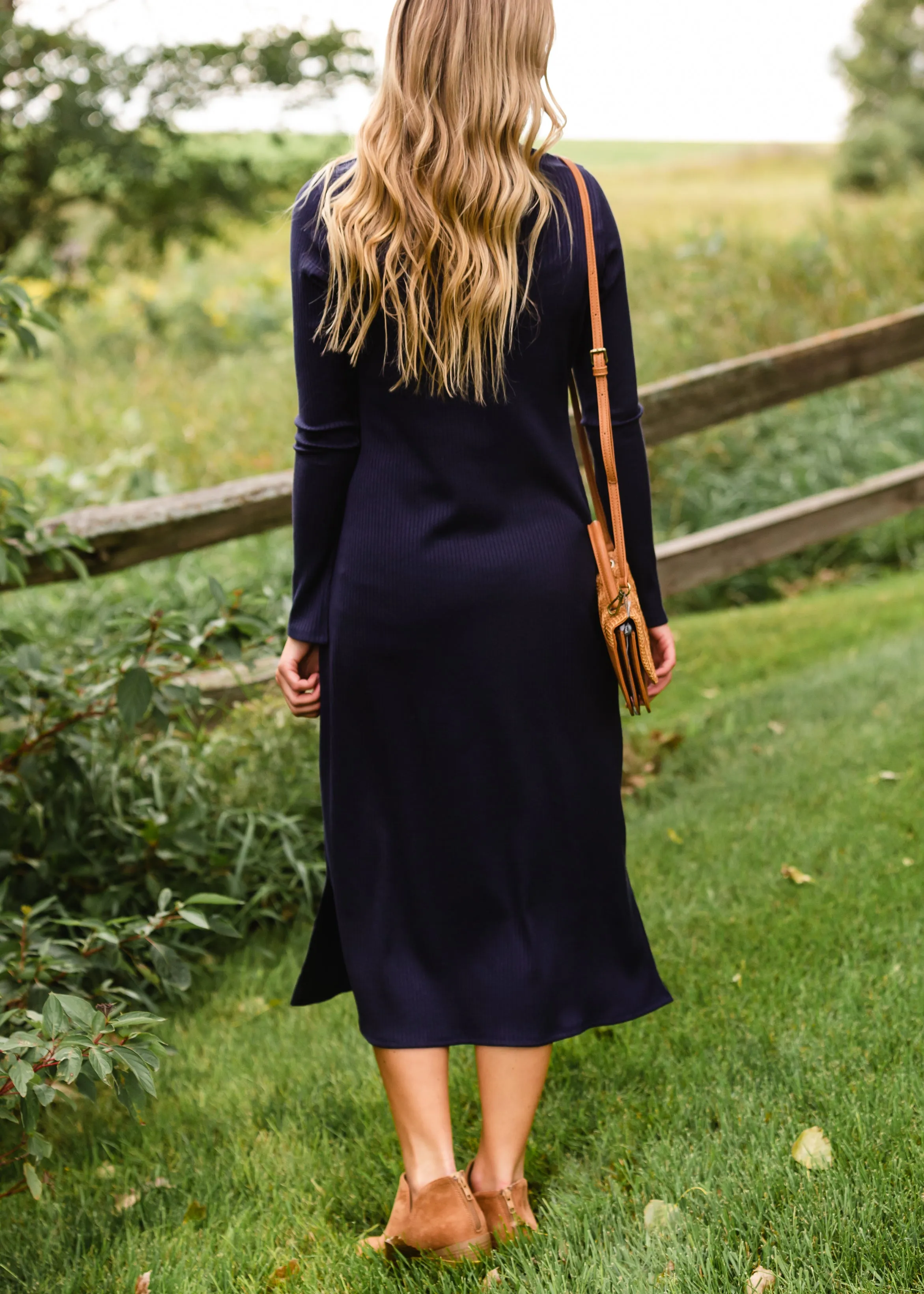 Navy Long Sleeve Ribbed Knit Midi Dress