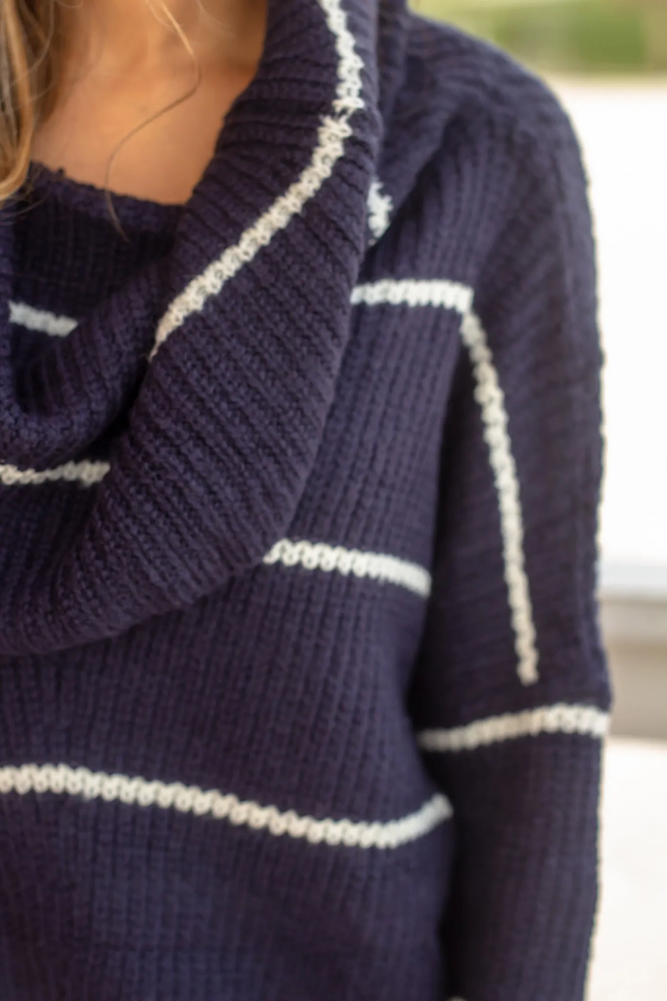 Navy Striped Off Shoulder Knit Sweater