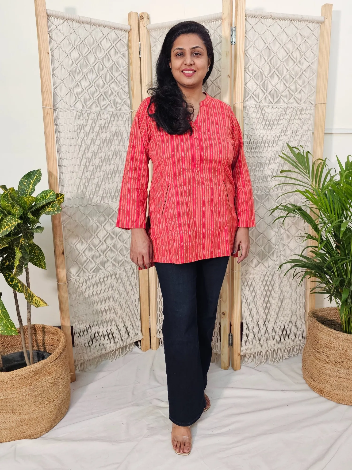 Nyla Ikkat Cotton Top with Front Pockets