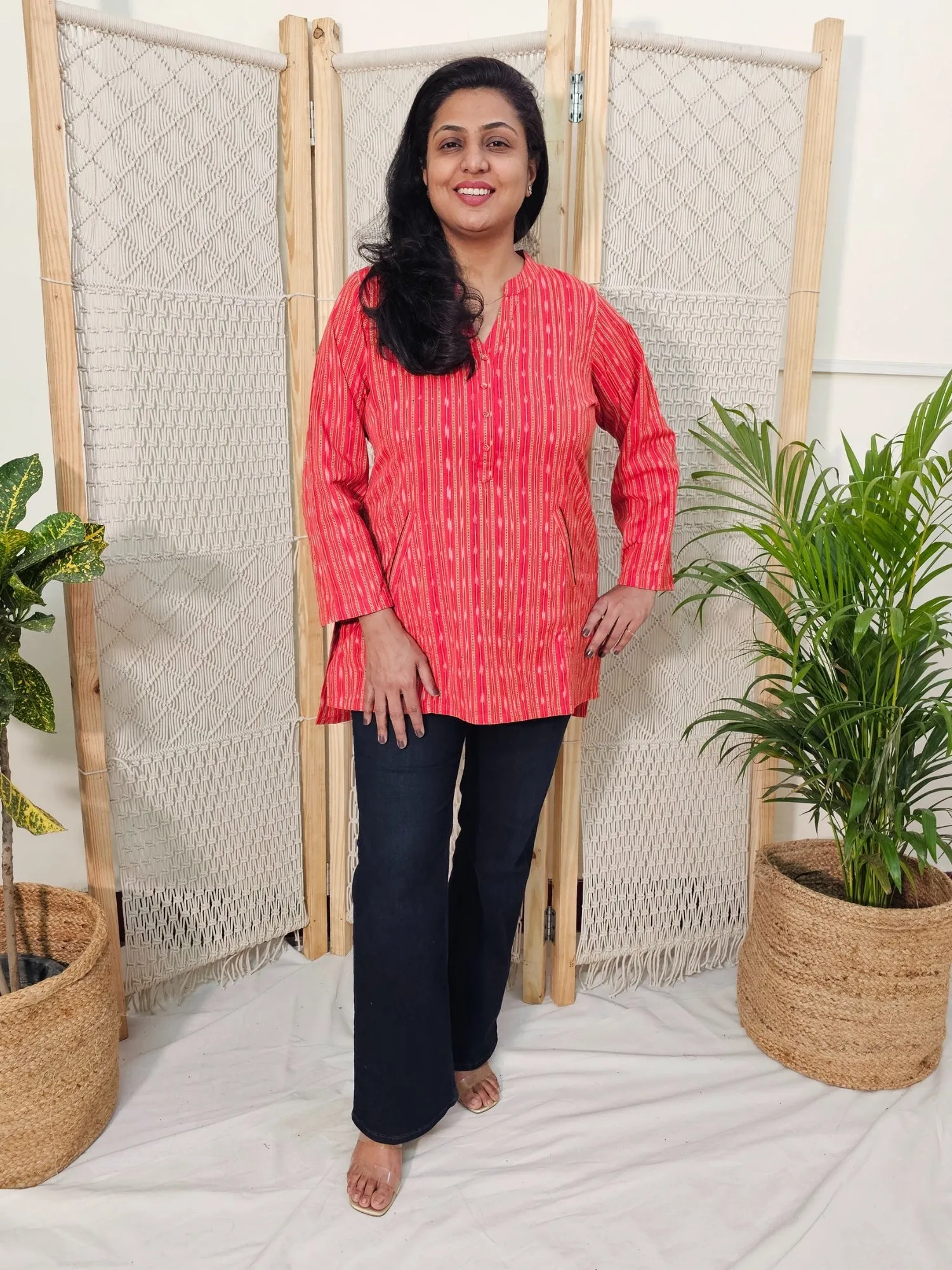 Nyla Ikkat Cotton Top with Front Pockets