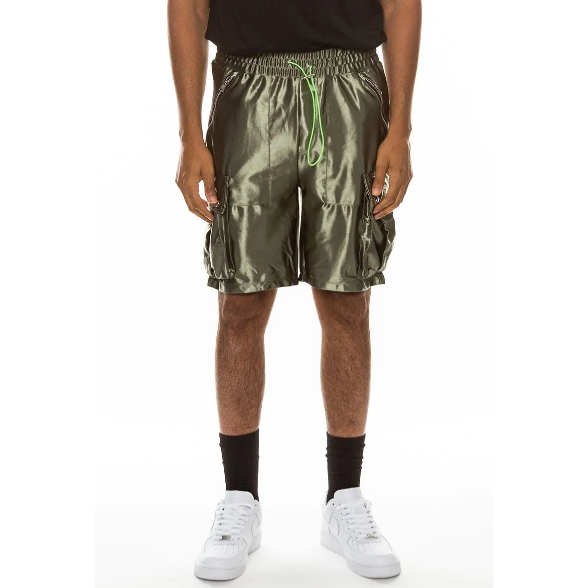 Olive Satin Cargo Shorts