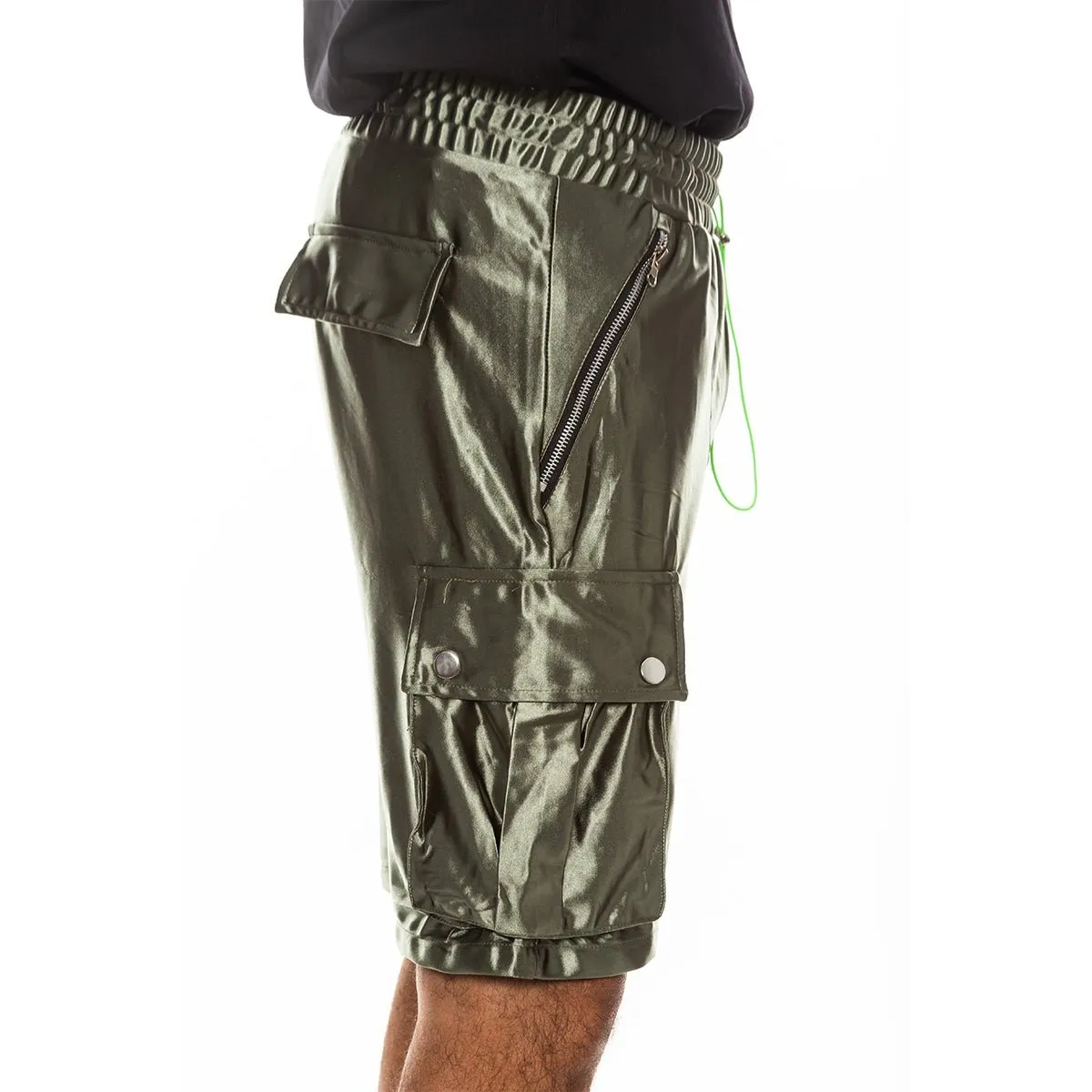 Olive Satin Cargo Shorts