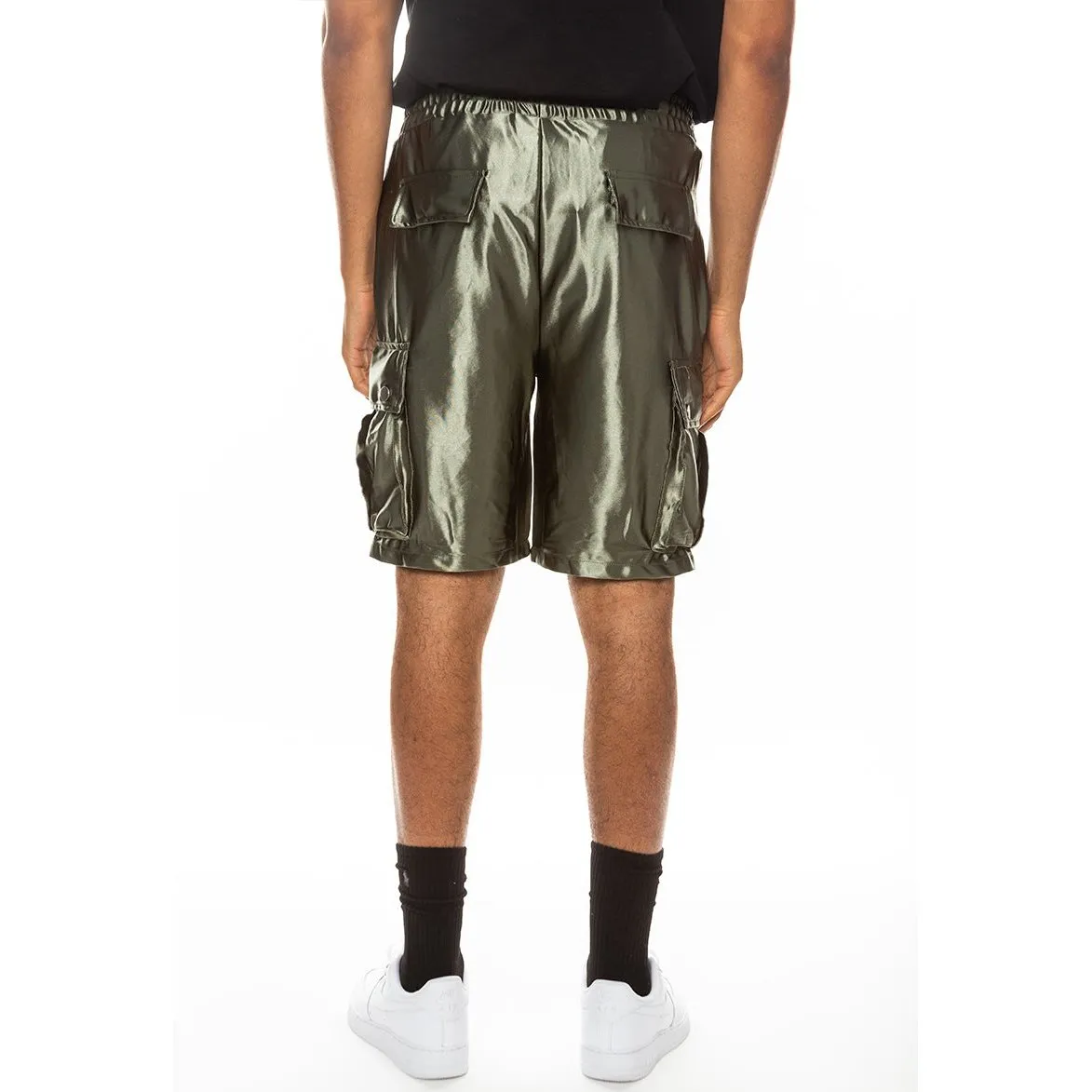 Olive Satin Cargo Shorts