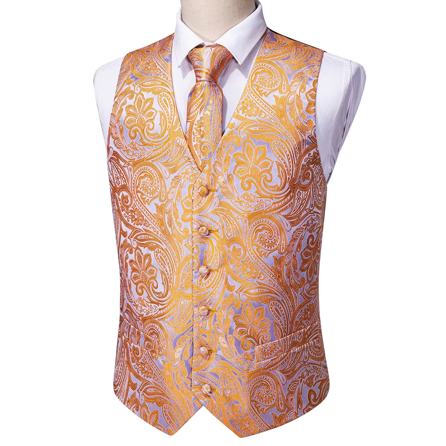 Orange Silver Paisley Jacquard Silk Men's Vest Hanky Cufflinks Tie Set