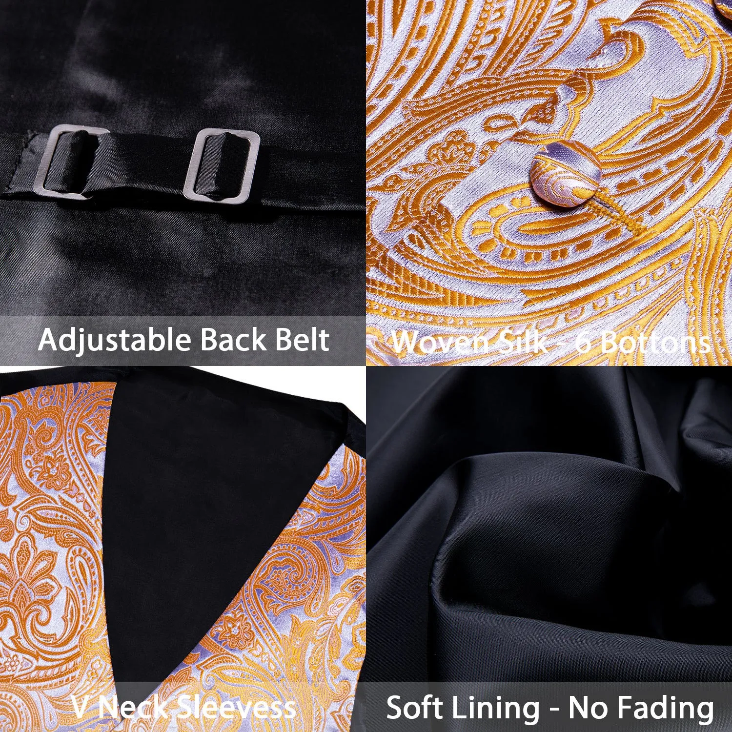 Orange Silver Paisley Jacquard Silk Men's Vest Hanky Cufflinks Tie Set