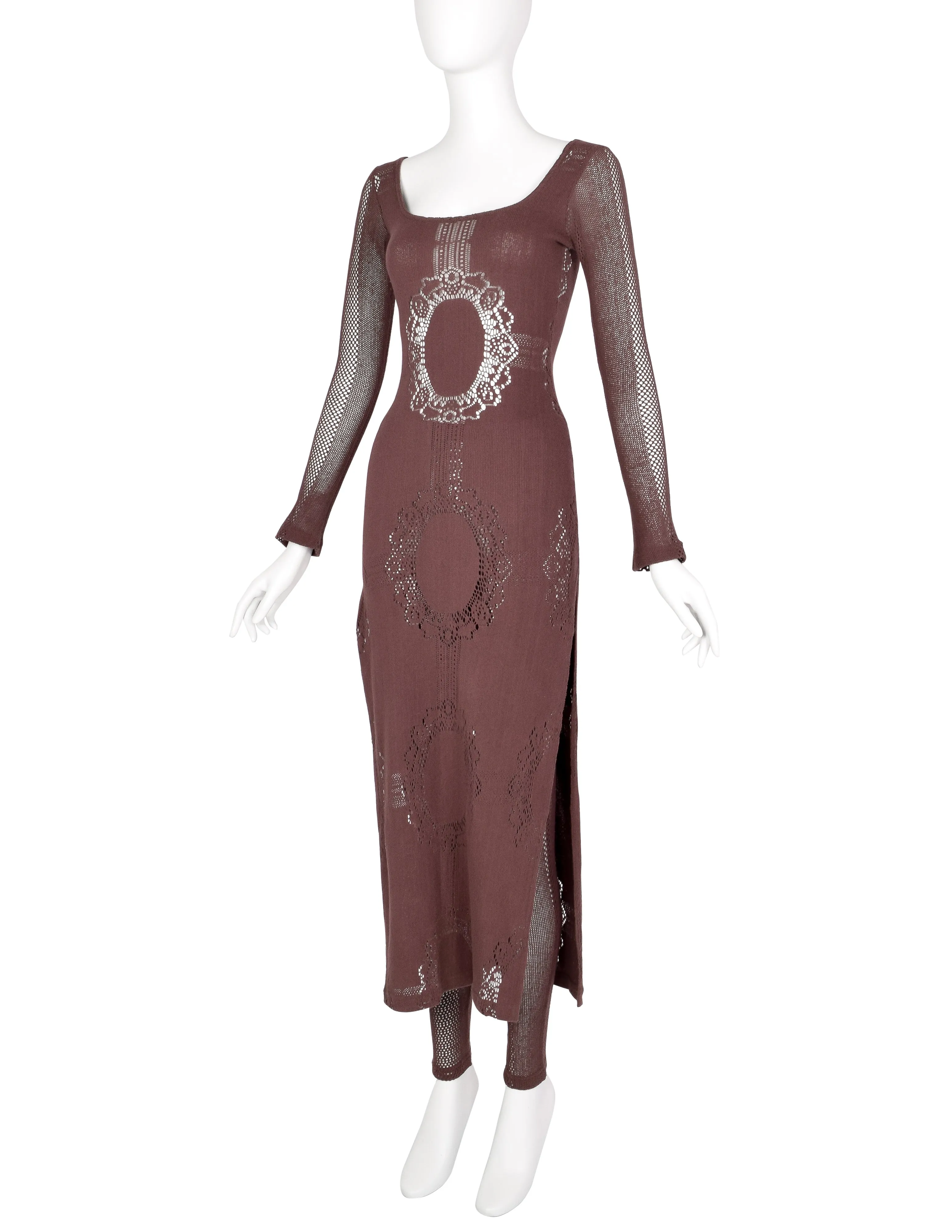 Paola Frani Vintage 1990s Brown Open Knit Cameo Split Side Maxi Tunic and Leggings Set