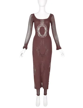 Paola Frani Vintage 1990s Brown Open Knit Cameo Split Side Maxi Tunic and Leggings Set