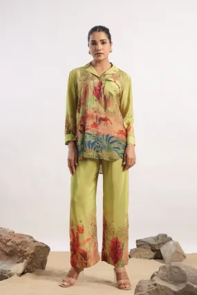 Pear Green Abstract Printed Muslin Silk Co-Ord Set