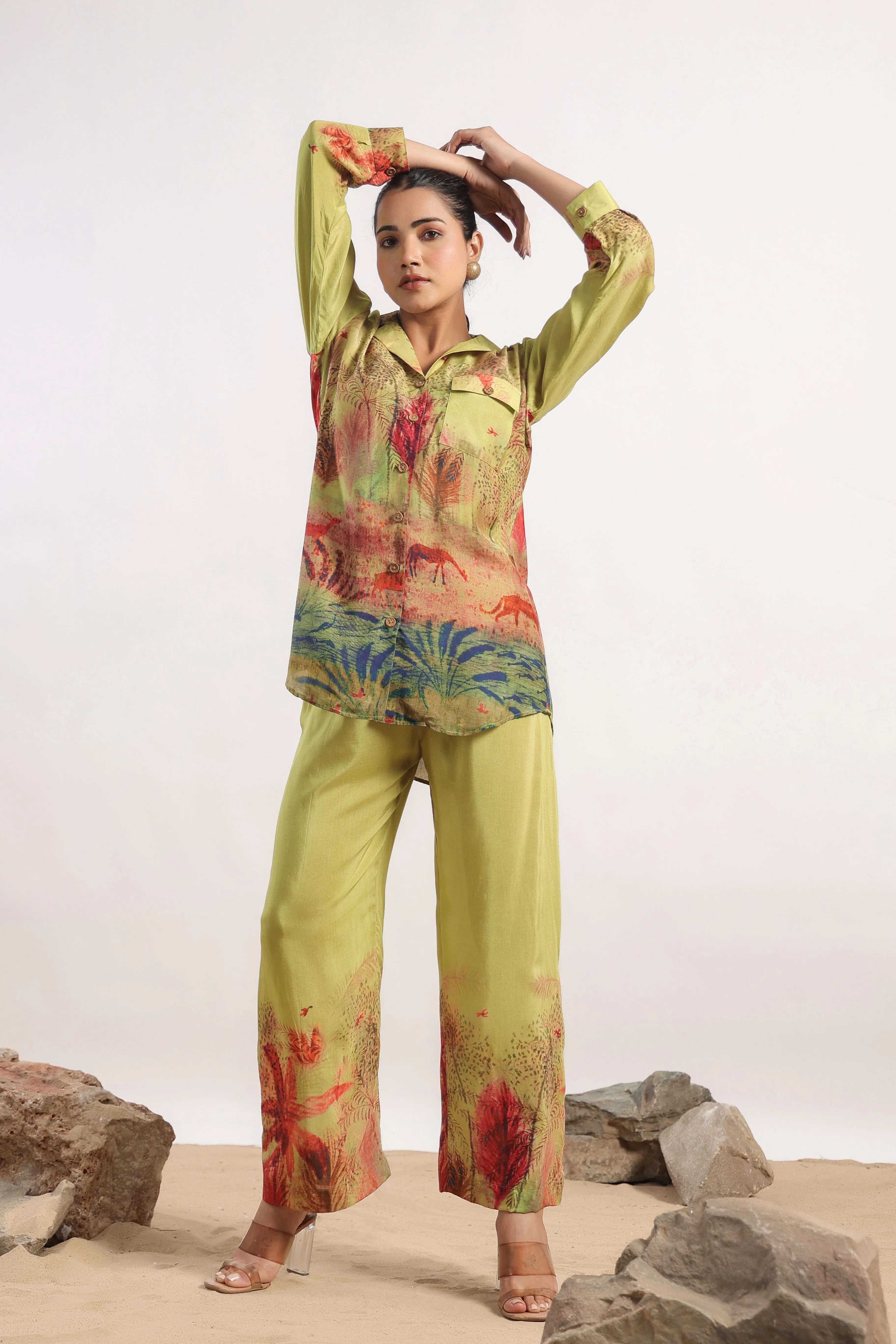 Pear Green Abstract Printed Muslin Silk Co-Ord Set