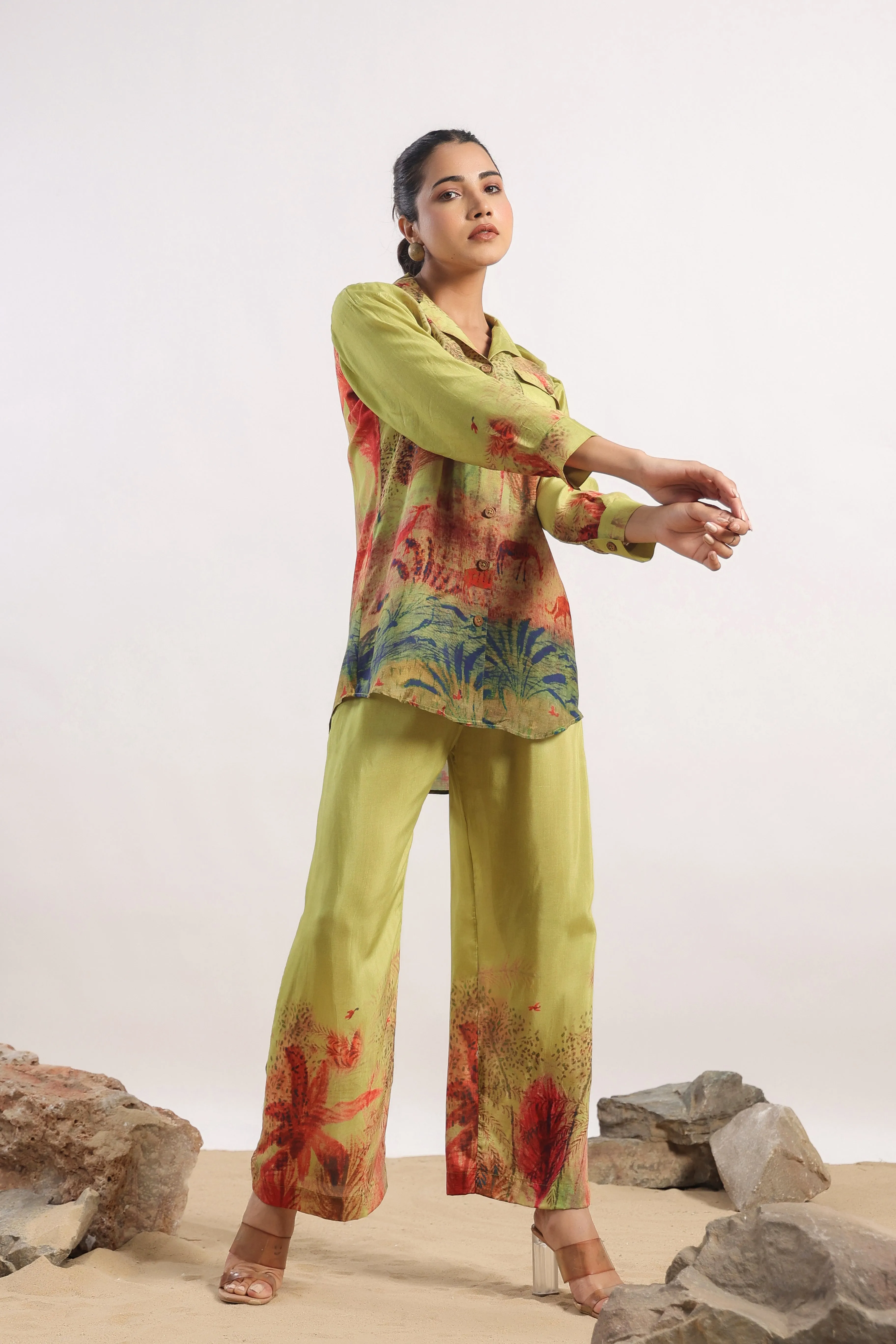 Pear Green Abstract Printed Muslin Silk Co-Ord Set