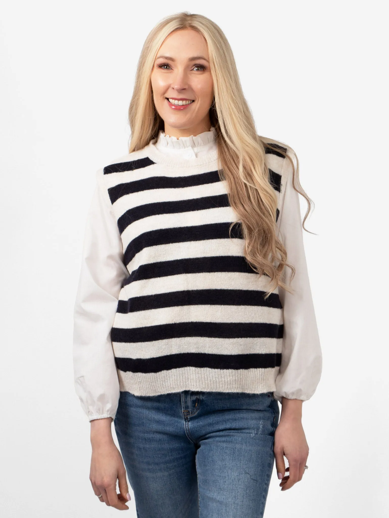 Peyton Wool Blend Round Neck Tank Top - Cream/Navy Blue, Stripe