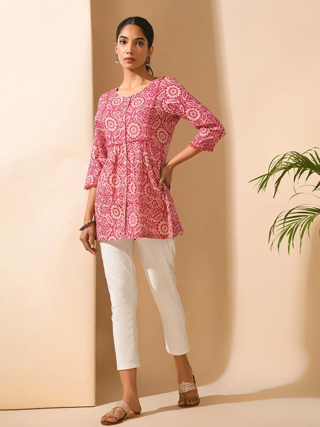 Pink Floral Printed Cotton Tunic with Lace Inserts