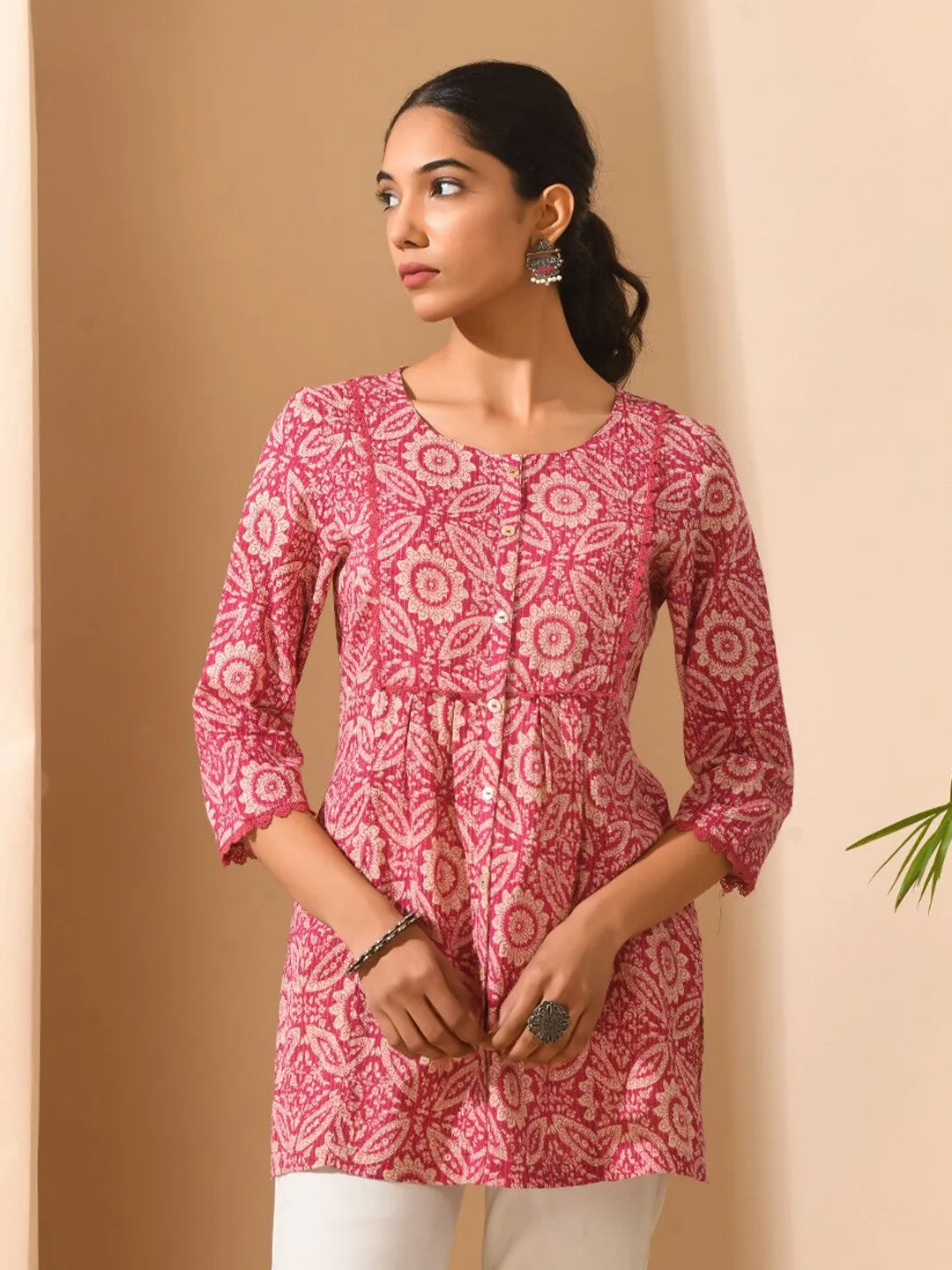 Pink Floral Printed Cotton Tunic with Lace Inserts