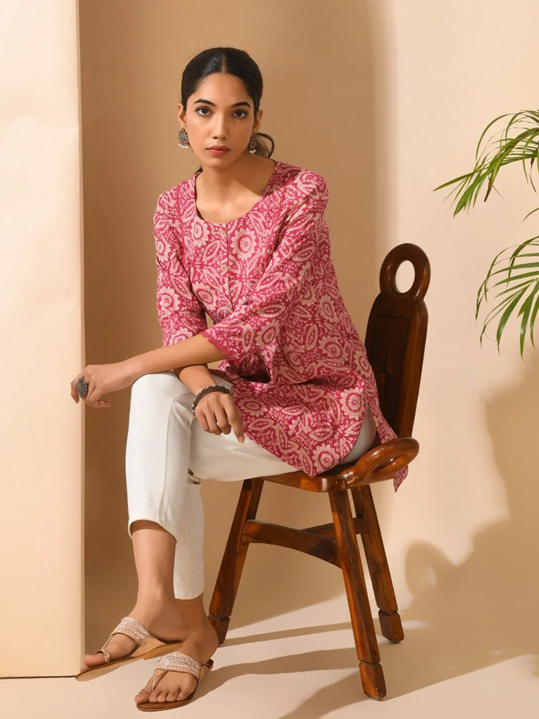 Pink Floral Printed Cotton Tunic with Lace Inserts