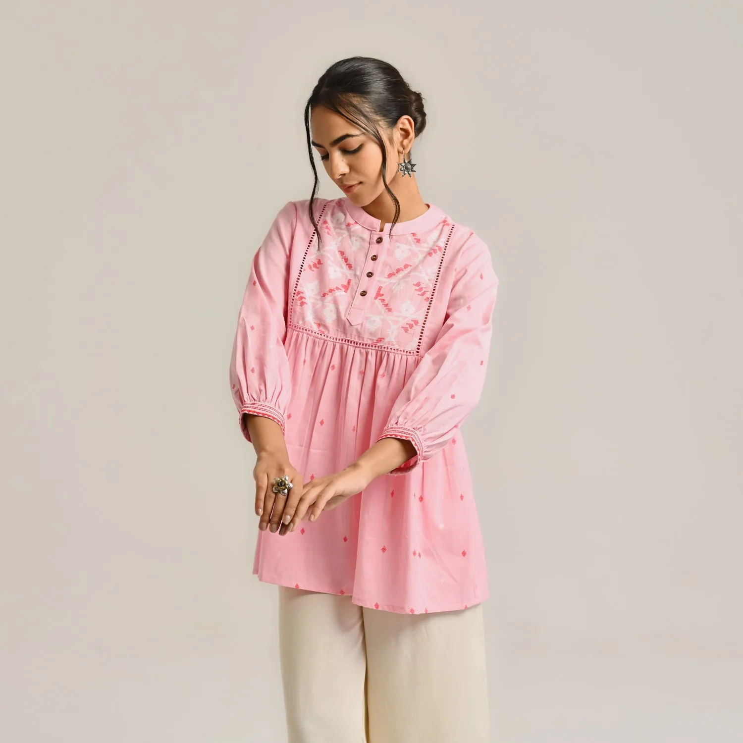 Pink Linen Cotton Jamdani Printed Tunic