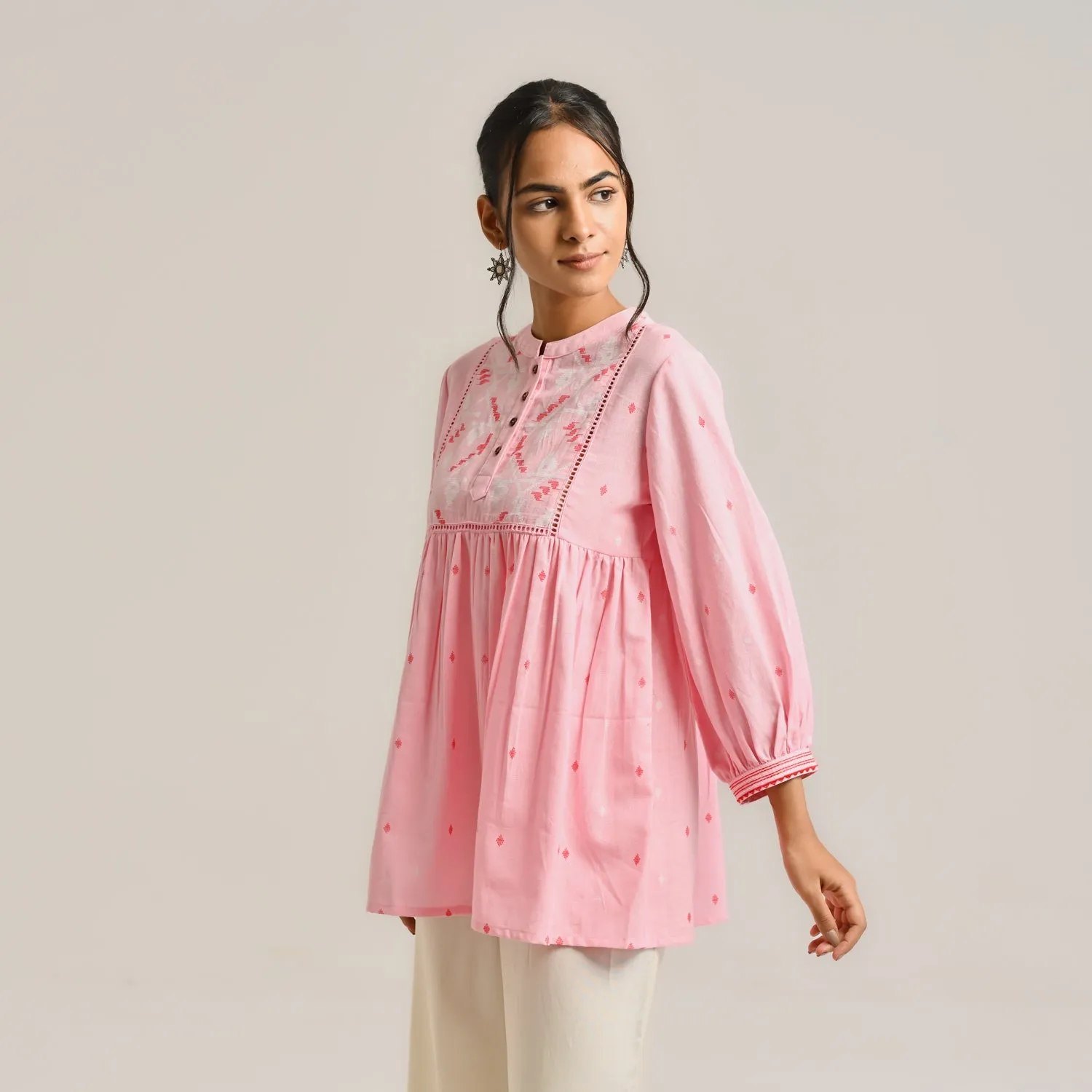 Pink Linen Cotton Jamdani Printed Tunic