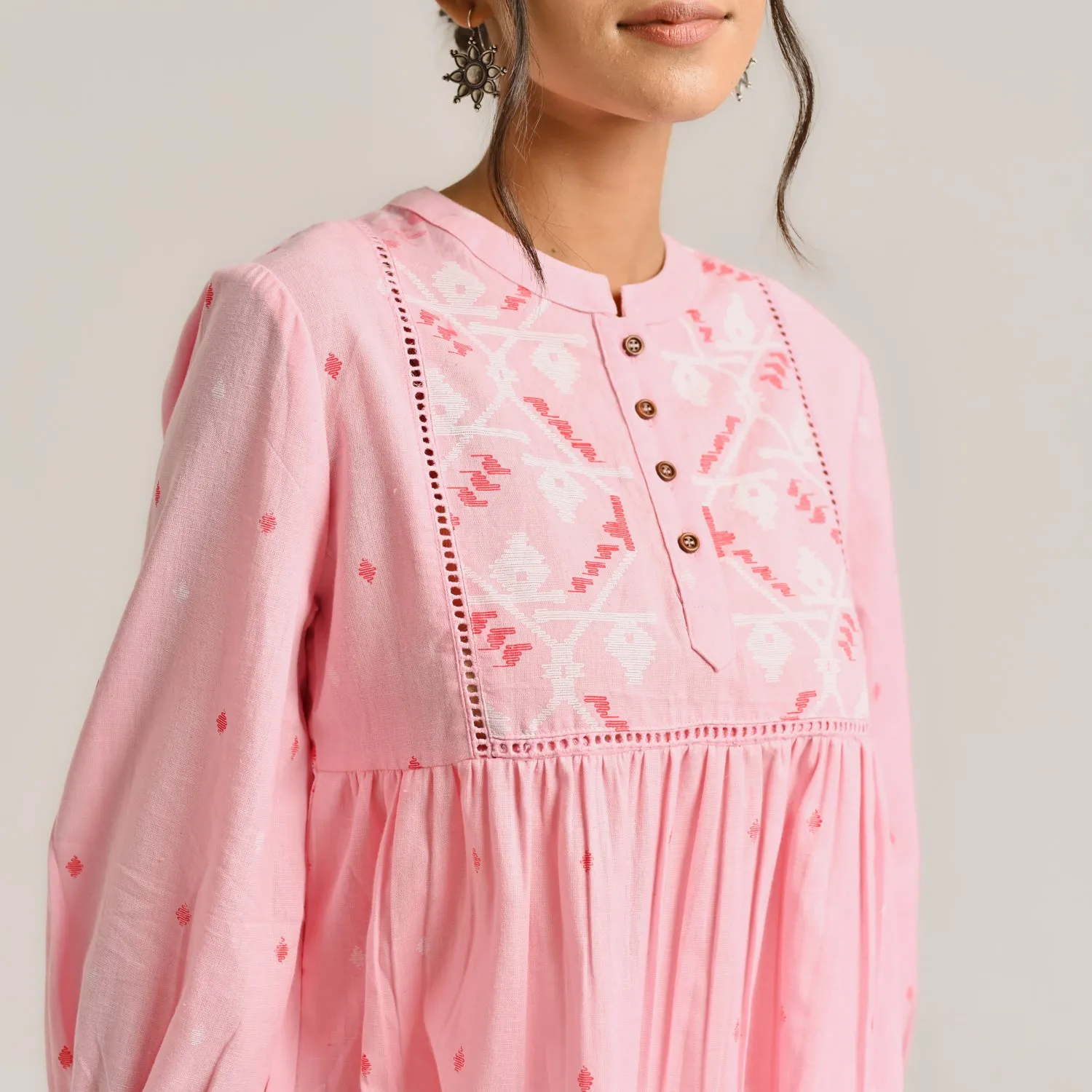 Pink Linen Cotton Jamdani Printed Tunic