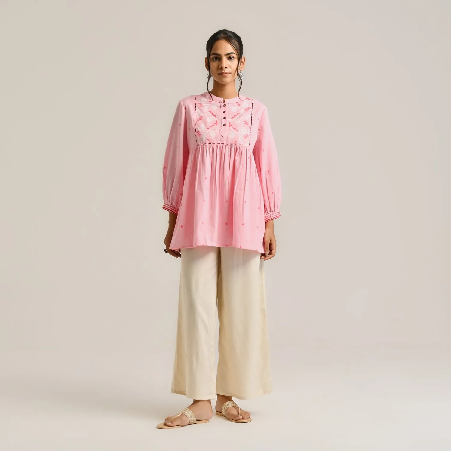 Pink Linen Cotton Jamdani Printed Tunic