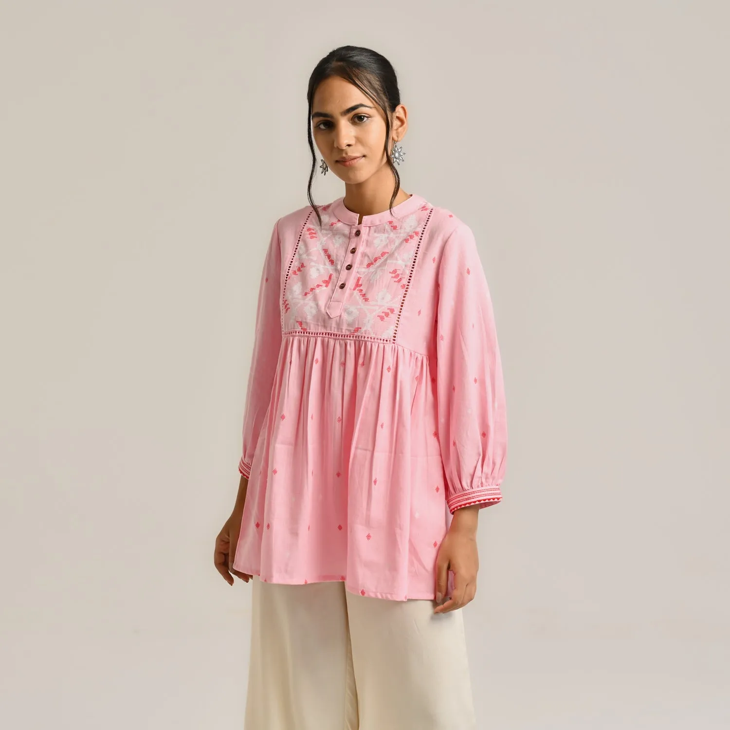 Pink Linen Cotton Jamdani Printed Tunic