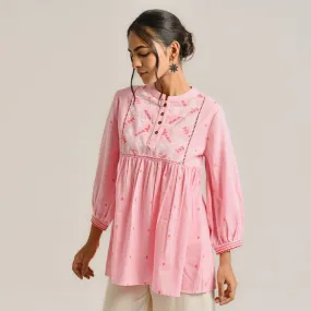 Pink Linen Cotton Jamdani Printed Tunic