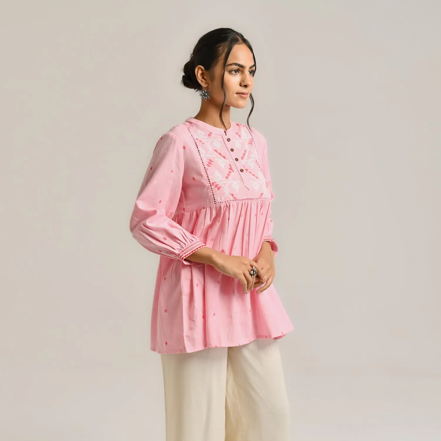 Pink Linen Cotton Jamdani Printed Tunic