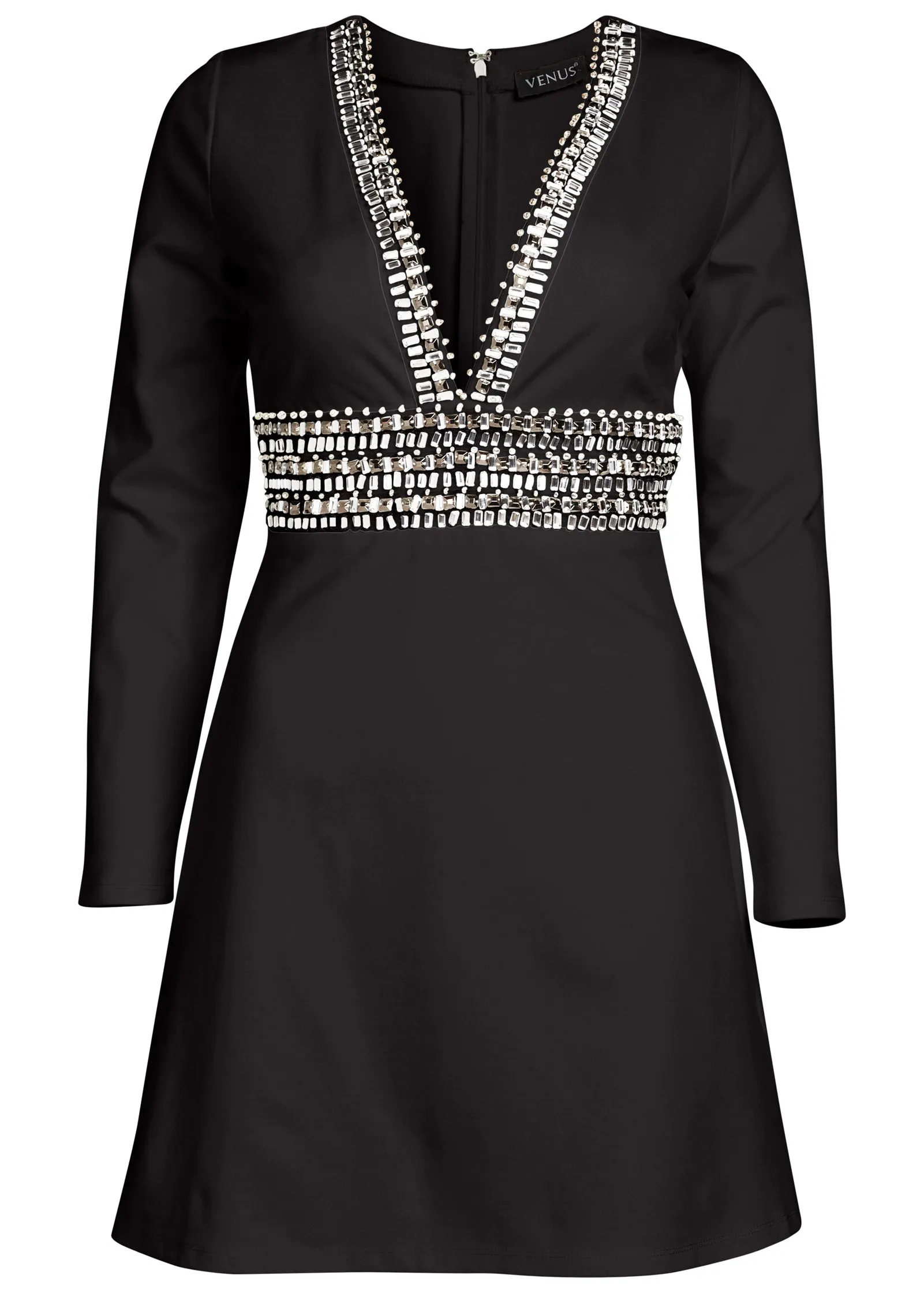 Plunging Embellished Dress - Black