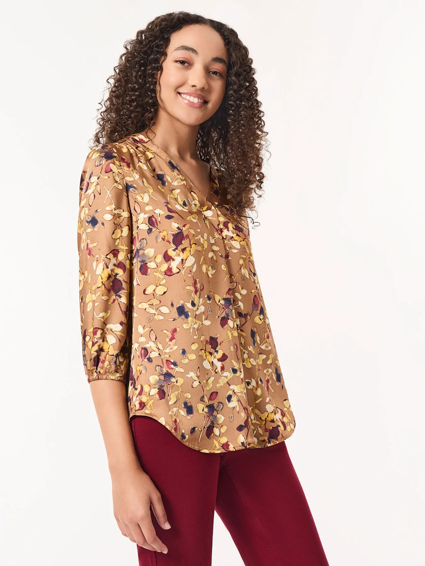 Plus Printed V-Neck Pleated Kelly Blouse