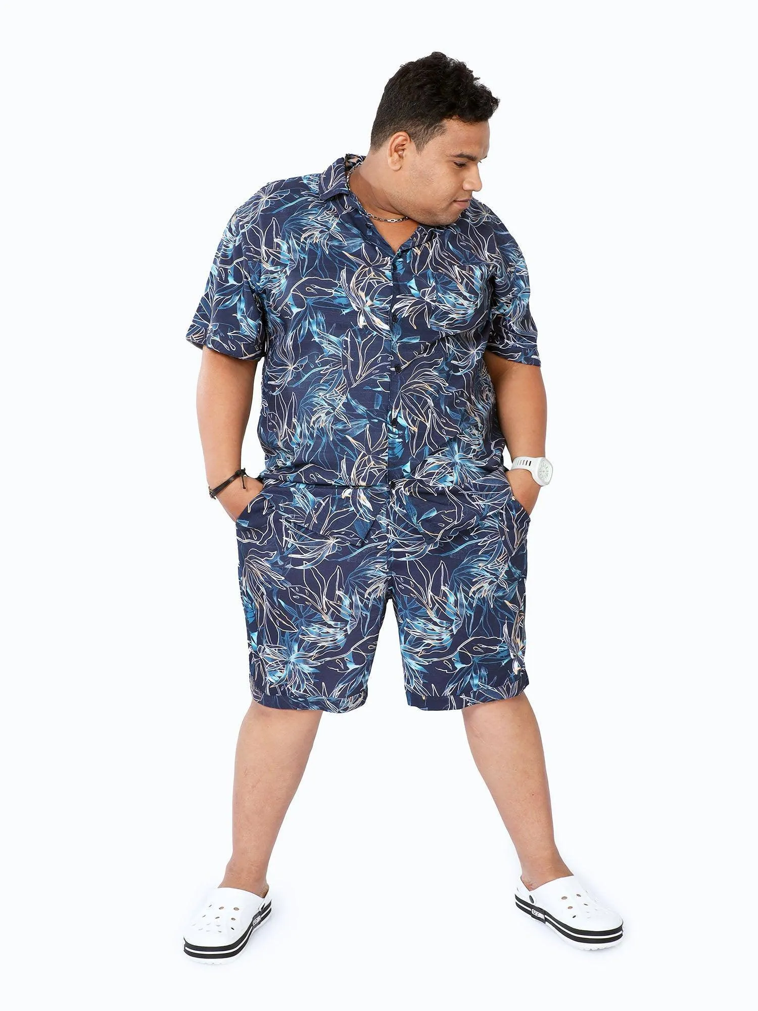 Plus Size Men Botanical Line Half Sleeve Co-Ords