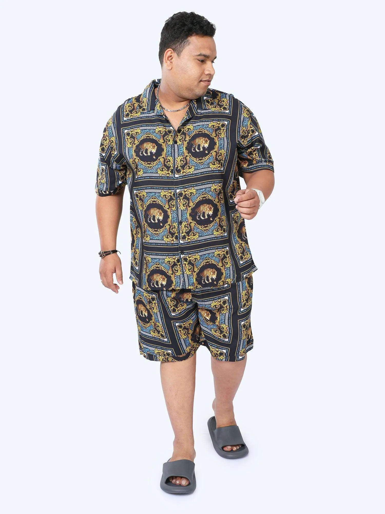 Plus Size Men Leopard Placement Printed Half Sleeve Co-Ords