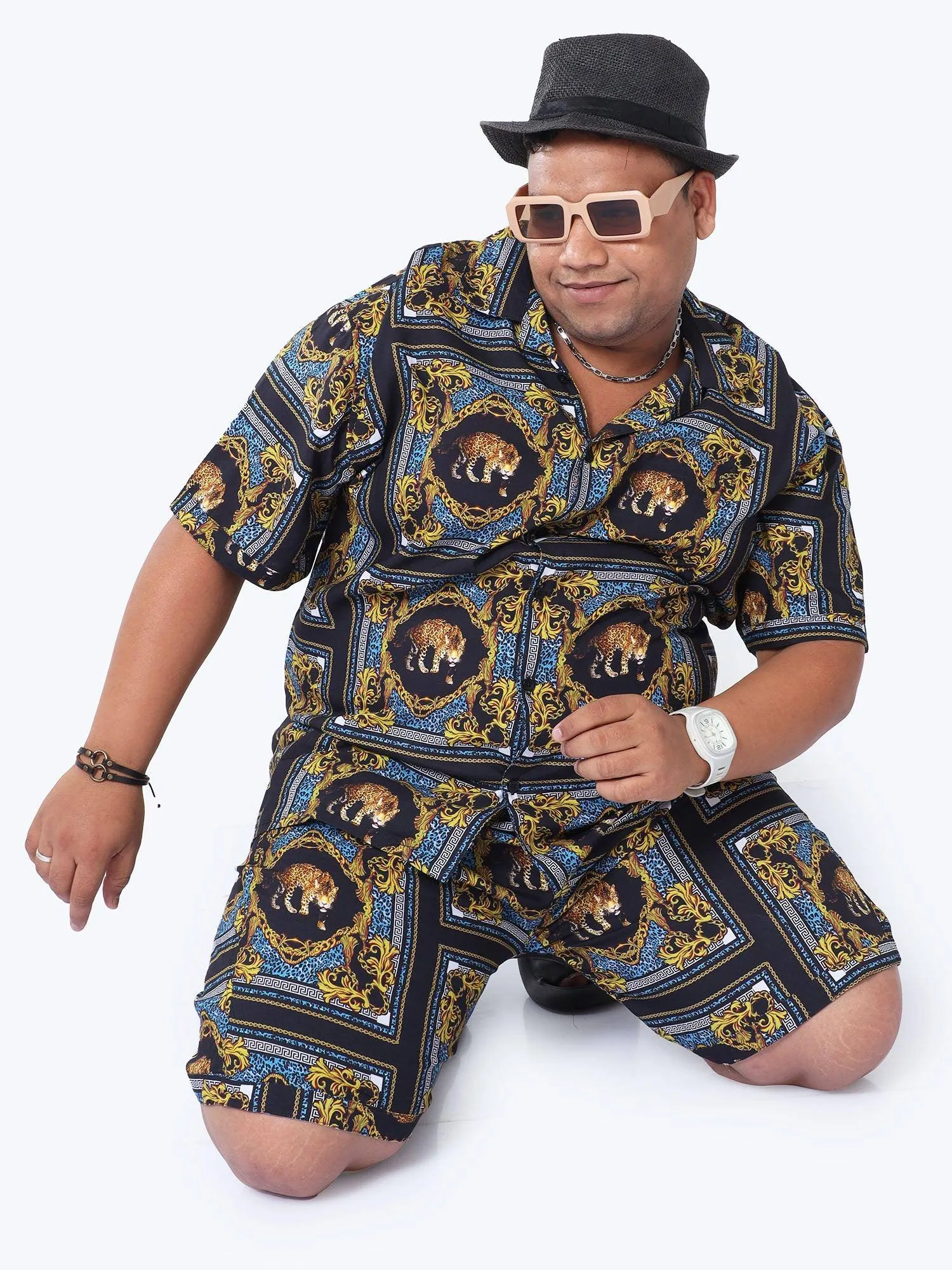 Plus Size Men Leopard Placement Printed Half Sleeve Co-Ords