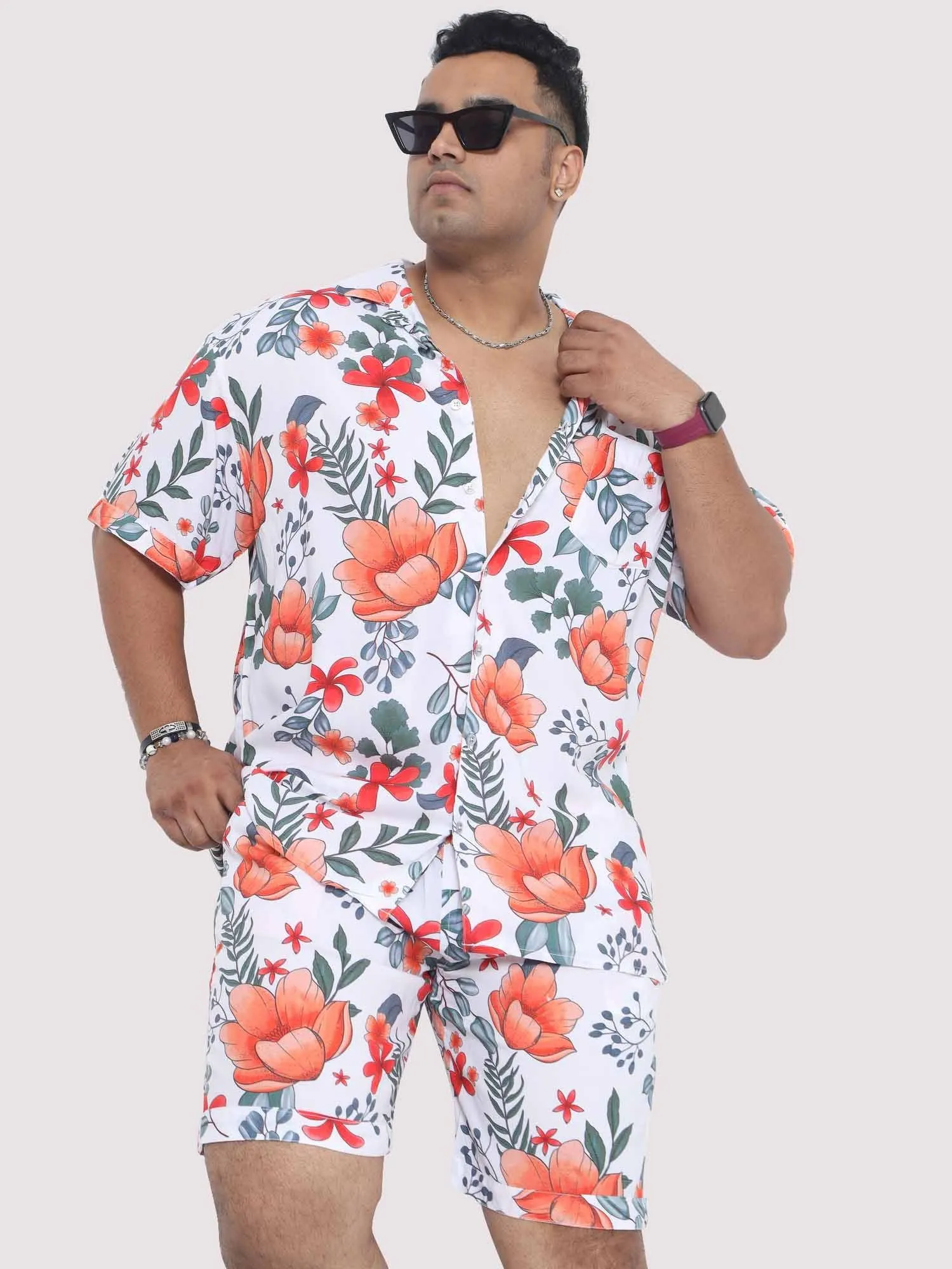 Plus Size Men Saffron Hibiscus Digital Printed Half Co-Ords