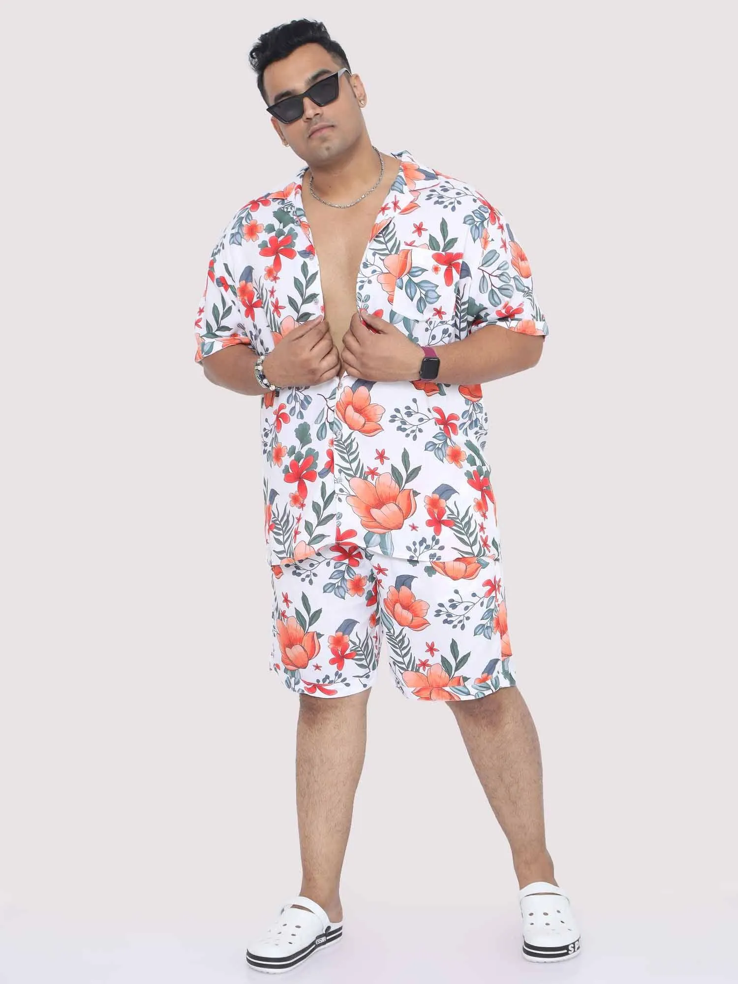 Plus Size Men Saffron Hibiscus Digital Printed Half Co-Ords