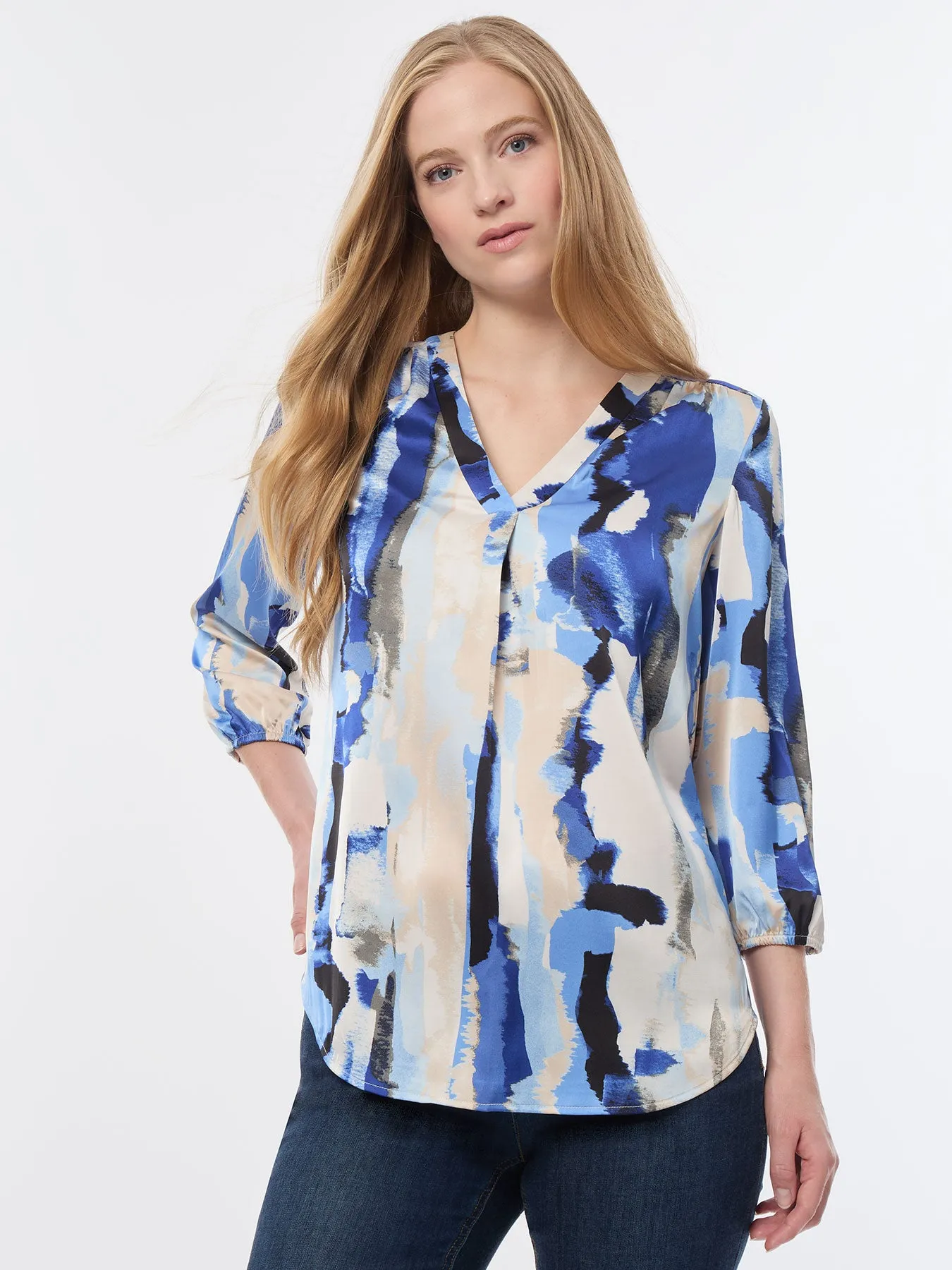 Plus V-Neck Pleated Kelly Blouse, Crepe De Chine