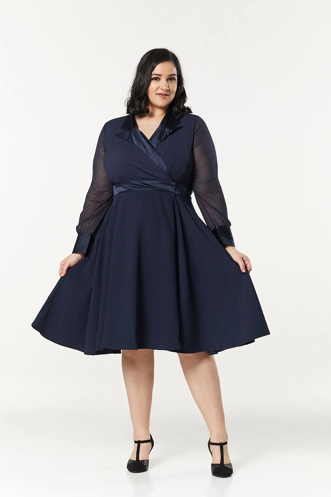 Polly Midi A- Line Long Chiffon Sleeves Navy Dress