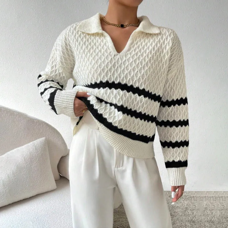 Polo Collar Pullover Women Autumn Winter Classic Striped Loose Casual Sweater Top