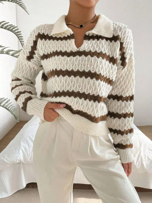 Polo Collar Pullover Women Autumn Winter Classic Striped Loose Casual Sweater Top