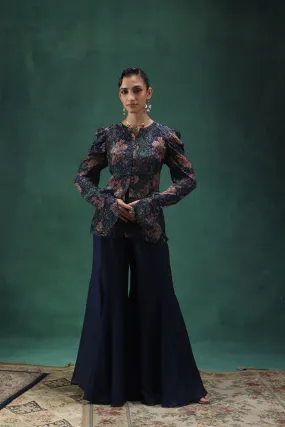 Printed Midnight Blue Full Sleeves Top with a Satin Sharara