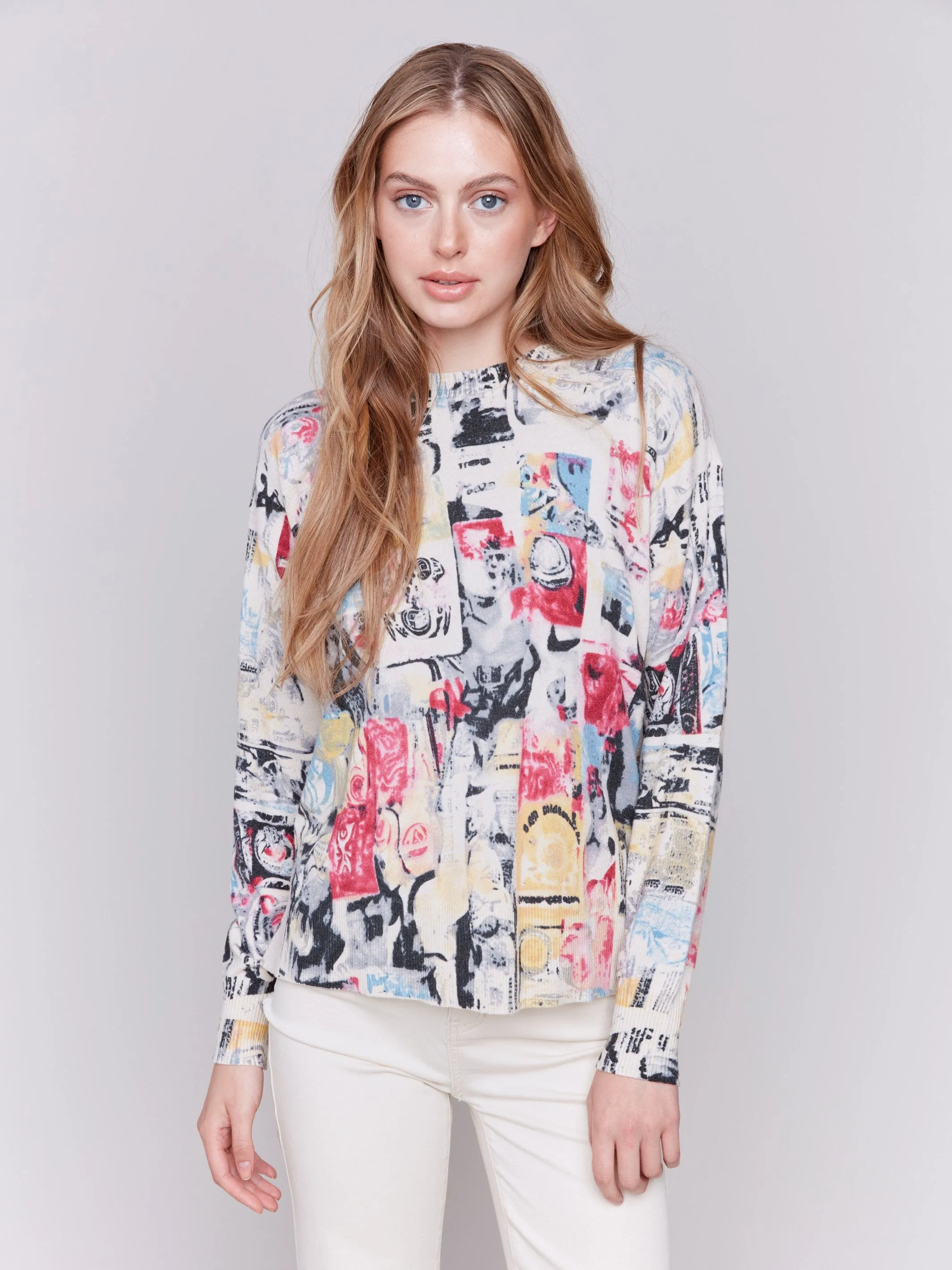 Printed Sweater with Side Buttons - Cartoon