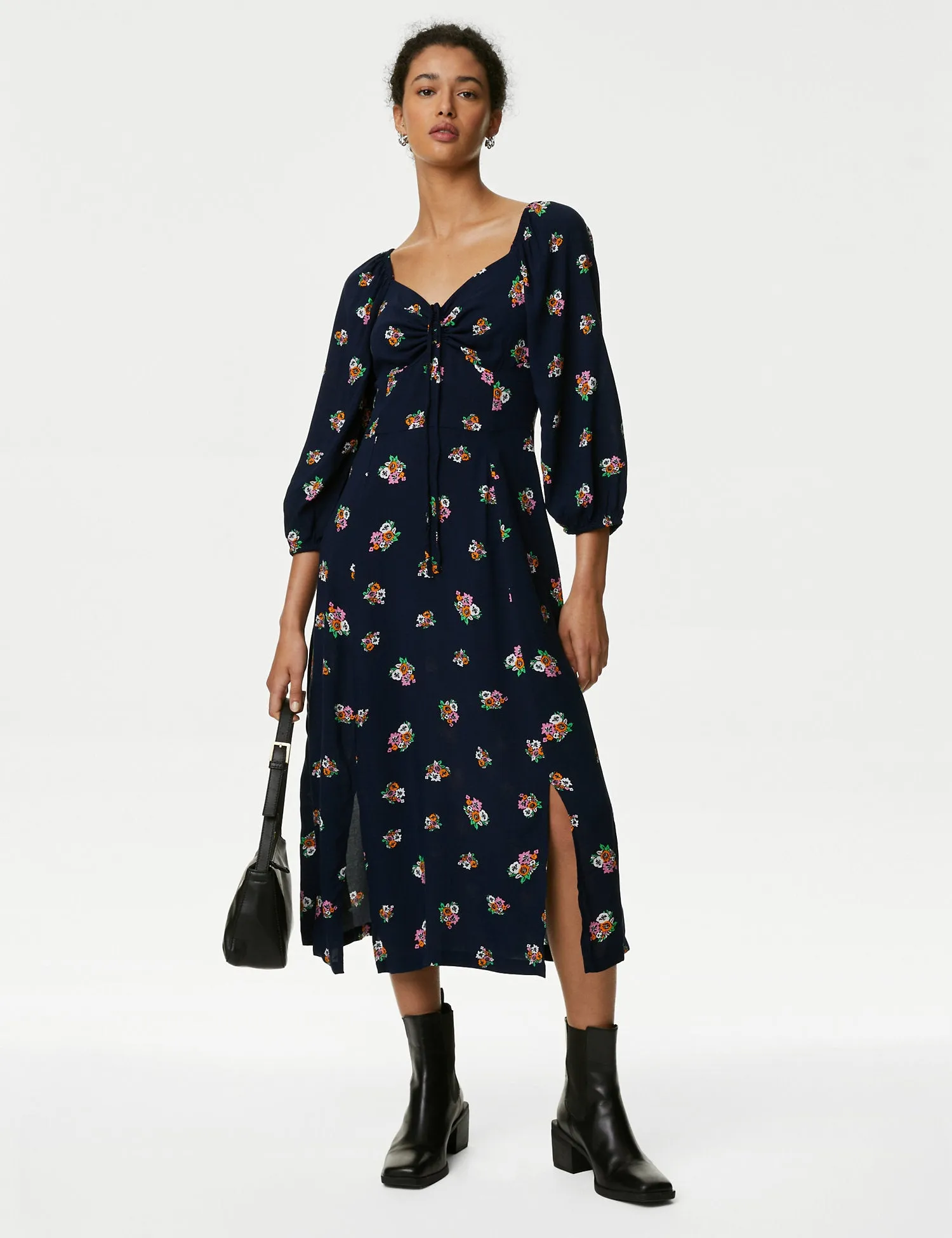 Printed Sweetheart Neckline Midi Tea Dress